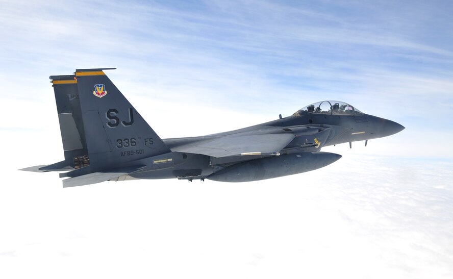 A U.S. Air Force F-15E Strike Eagle flies over eastern North Carolina during exercise RAZOR TALON at Seymour Johnson Air Force Base, N.C., Feb. 7, 2013. RAZOR TALON is a monthly, large force exercise and joint-unit training opportunity to employ cutting edge operational concepts such as AirSea and Maritime Air Support on the Atlantic Coast. (U.S. Air Force photo by Staff Sgt. Andy M. Kin)