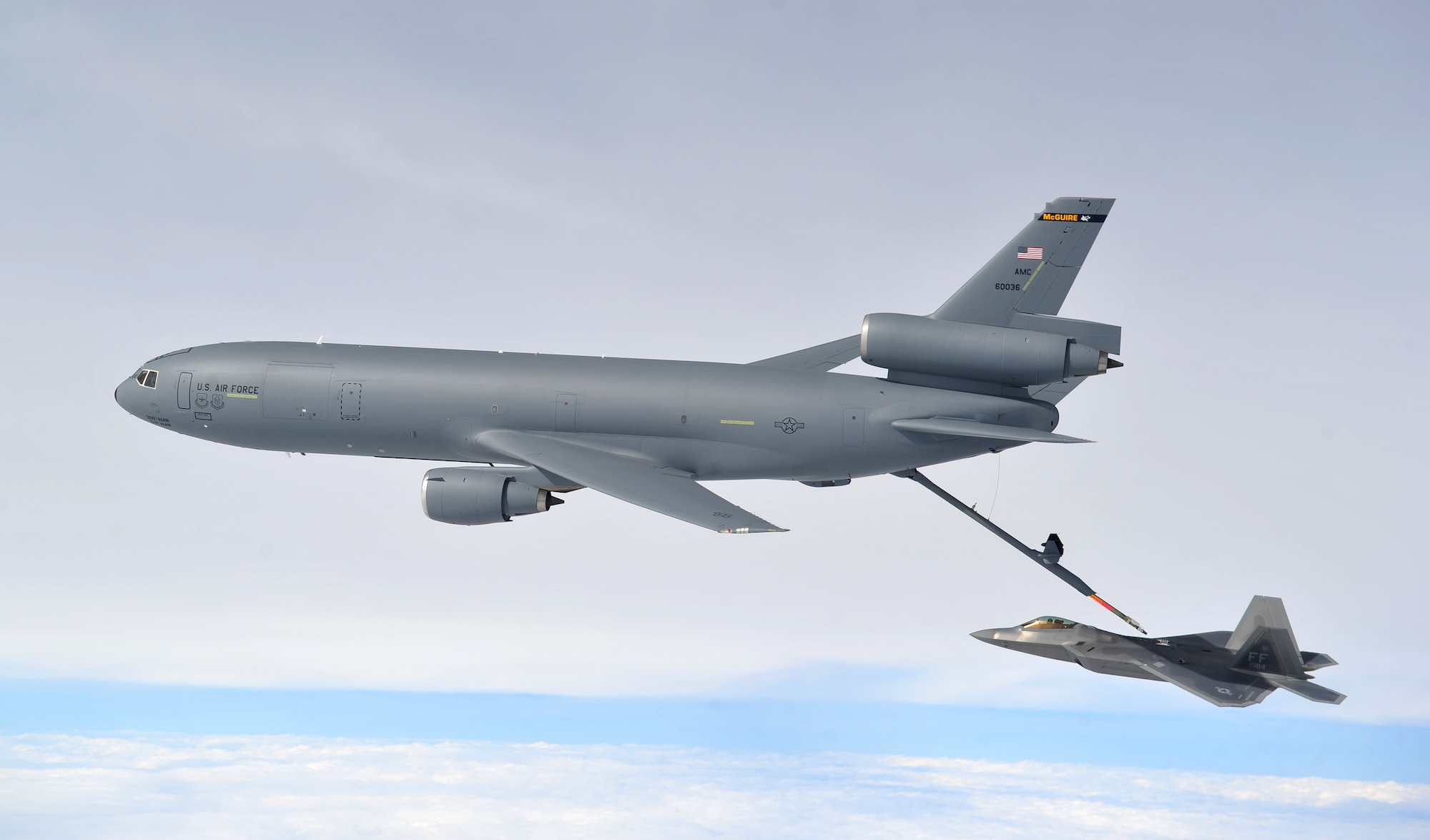 A U.S. Air Force KC-10 Extender assigned to the 305th Air Mobility Wing, Joint Base McGuire-Dix-Lakehurst, N.J., refuels an F-22 Raptor assigned to Langley Air Force Base, Va., during exercise RAZOR TALON at Seymour Johnson Air Force Base, N.C., Feb. 7, 2013. RAZOR TALON is a monthly, large force exercise and joint-unit training opportunity to employ cutting edge operational concepts such as AirSea and Maritime Air Support on the Atlantic Coast. (U.S. Air Force photo by Staff Sgt. Andy M. Kin)