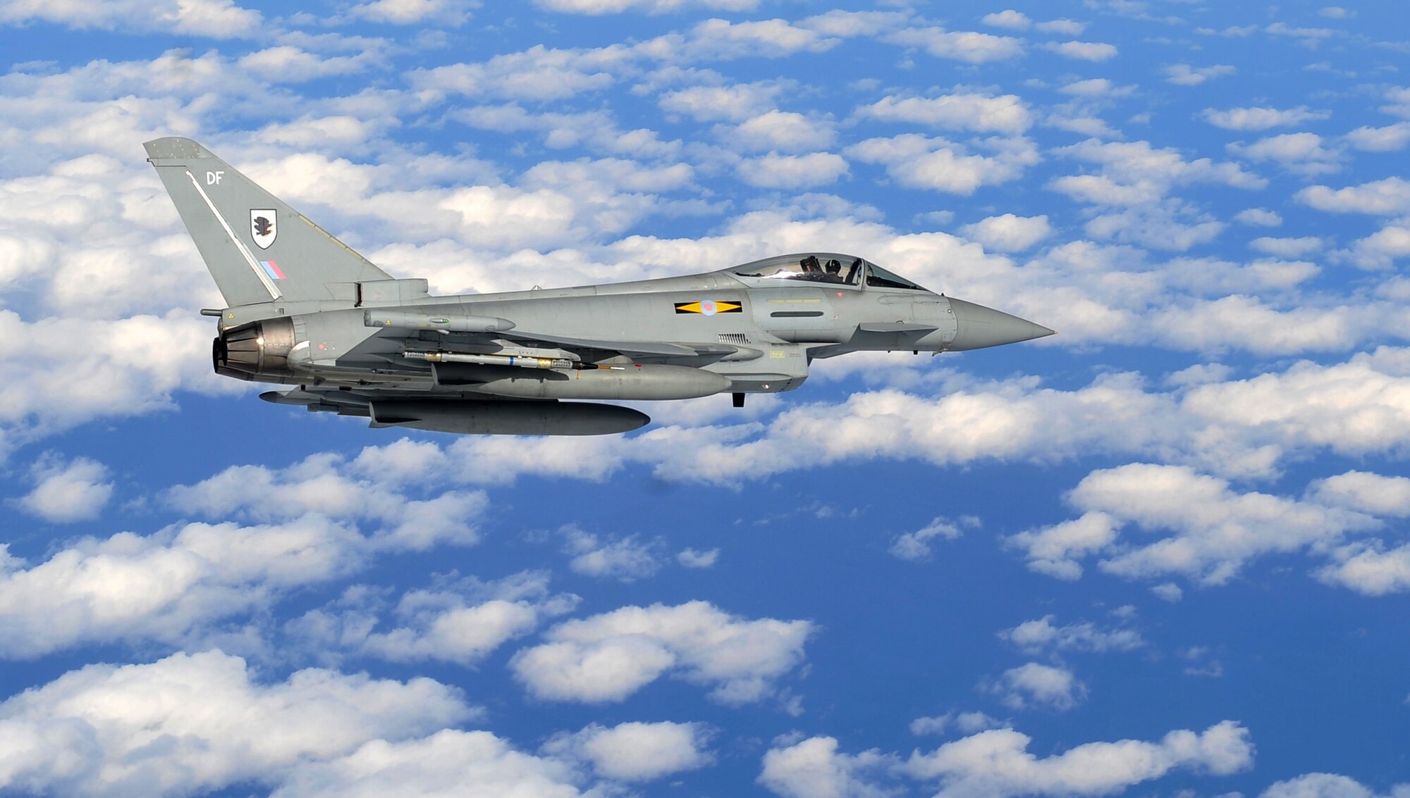 A Royal Air Force Eurofighter Typhoon aircraft flies over the East Coast during exercise RAZOR TALON on Seymour Johnson Air Force Base, N.C., Feb. 7, 2013. RAZOR TALON is a monthly, large force exercise and joint-unit training opportunity to employ cutting edge operational concepts such as AirSea and Maritime Air Support on the Atlantic Coast. (U.S. Air Force photo by Staff Sgt. Andy M. Kin)
