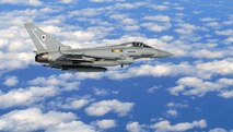 A Royal Air Force Eurofighter Typhoon aircraft flies over the East Coast during exercise RAZOR TALON on Seymour Johnson Air Force Base, N.C., Feb. 7, 2013. RAZOR TALON is a monthly, large force exercise and joint-unit training opportunity to employ cutting edge operational concepts such as AirSea and Maritime Air Support on the Atlantic Coast. (U.S. Air Force photo by Staff Sgt. Andy M. Kin)