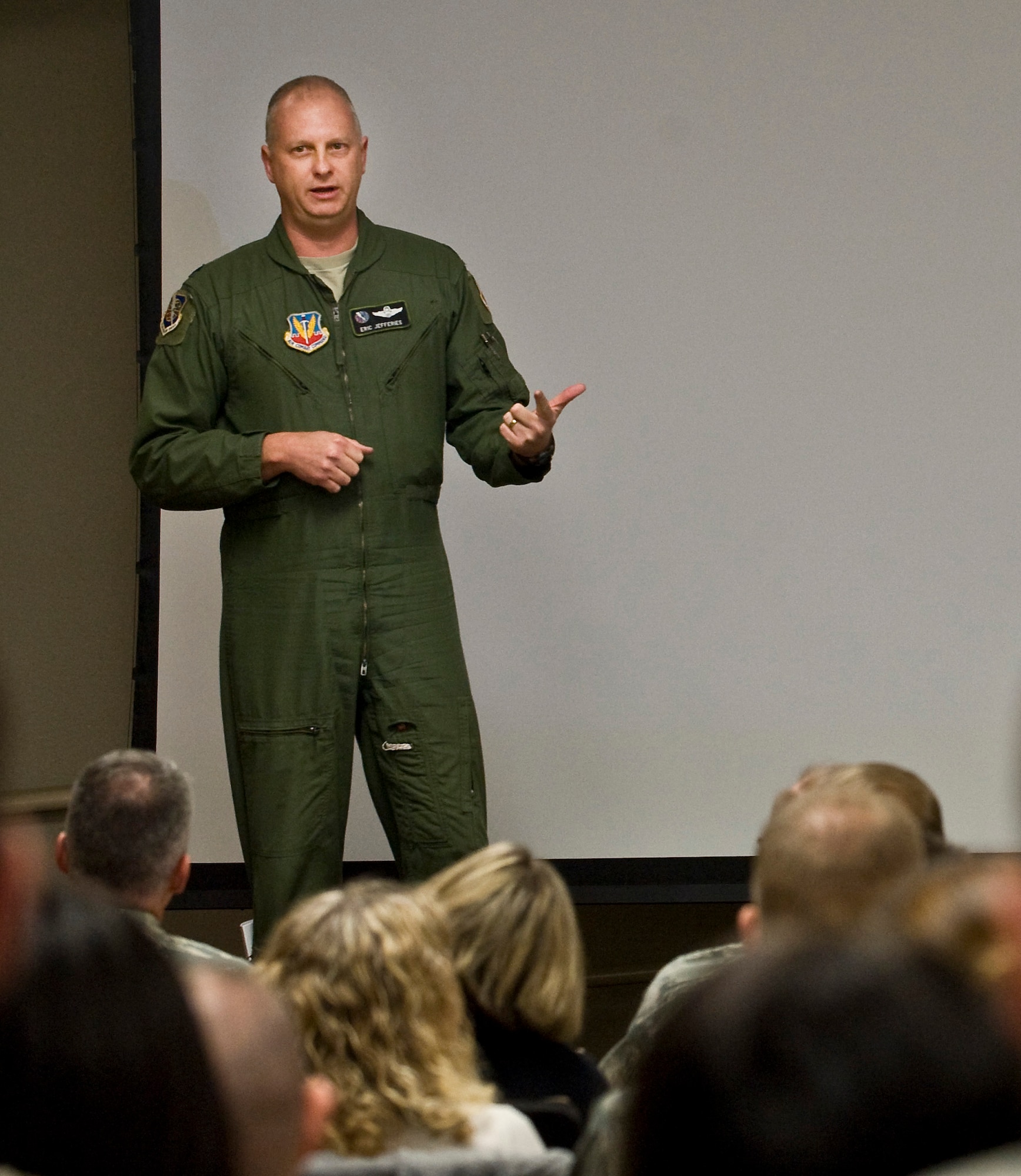 Lt. Col. Daniel Jefferies, 563rd Rescue Group deputy commander, provides opening remarks during the premiere of National Geographic Channel's 'Inside Combat Rescue' Feb. 8, 2013, at Nellis Air Force Base, Nev.  The show is a six part series about U.S. Air Force pararescuemen and their mission in Afghanistan. (U.S. Air Force photo by Senior Airman Matthew Lancaster)

