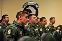 U.S. Air Force members assigned to the 4th Fighter Wing go over training objectives during a mass aircrew brief during exercise RAZOR TALON on Seymour Johnson Air Force Base, N.C., Feb. 7, 2013. RAZOR TALON is a monthly, large force exercise and joint-unit training opportunity to employ cutting edge operational concepts on the Atlantic Coast. (U.S. Air Force photo by Staff Sgt. Andy M. Kin)