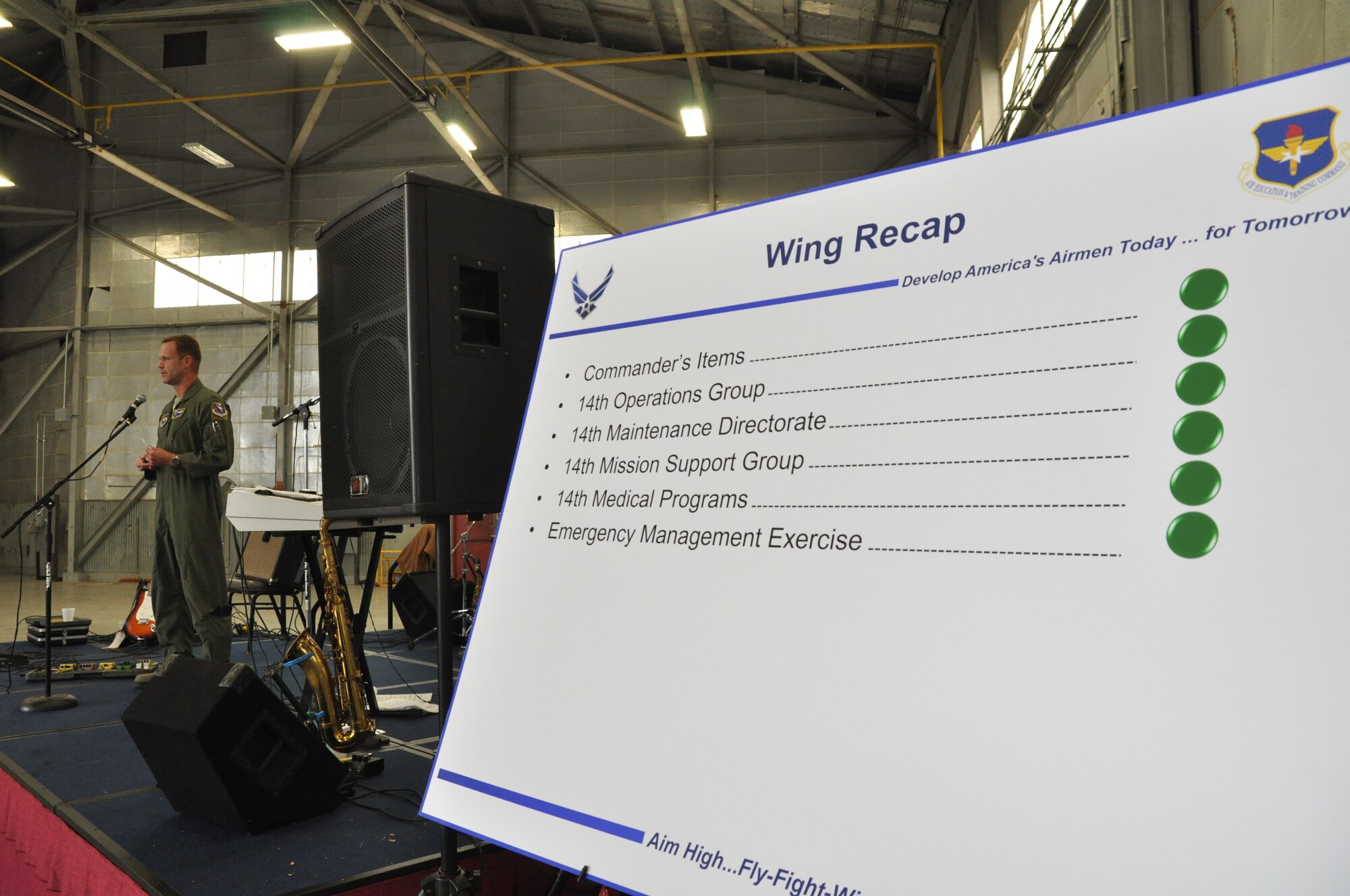 Col. Jim Sears, 14th Flying Training Wing Commander announces the results of
the Columbus Air force Base's Consolidated Unit Inspection to the base
Airmen at a picnic Monday.  The 14 FTW met or exceeded standards for all
nine scheduled and one no-notice inspections representing over 61,000
compliance items at the base. (U.S. Air Force Photo/Sonic Johnson)
