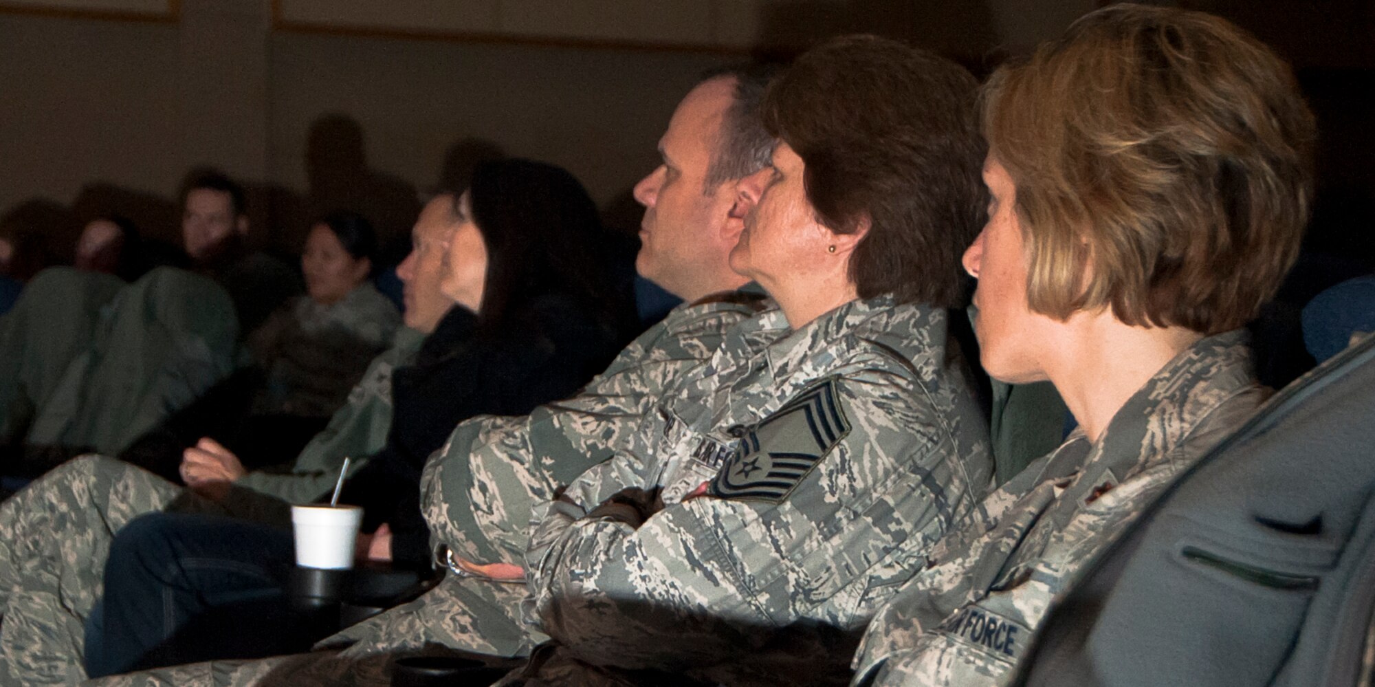 ALTUS AIR FORCE BASE, Okla. – Altus AFB leadership listen to a panel of speakers during the pre-screening of National Geographic’s television series “Inside Combat Rescue” at the base theater Feb. 12. “Inside Combat Rescue” centers on service members assigned to air rescue units and their selfless displays of heroism. The panel consisted of Altus personnell from flying and medical career fields. (U.S. Air Force photo by Airman 1st Class Levin Boland / Released) 