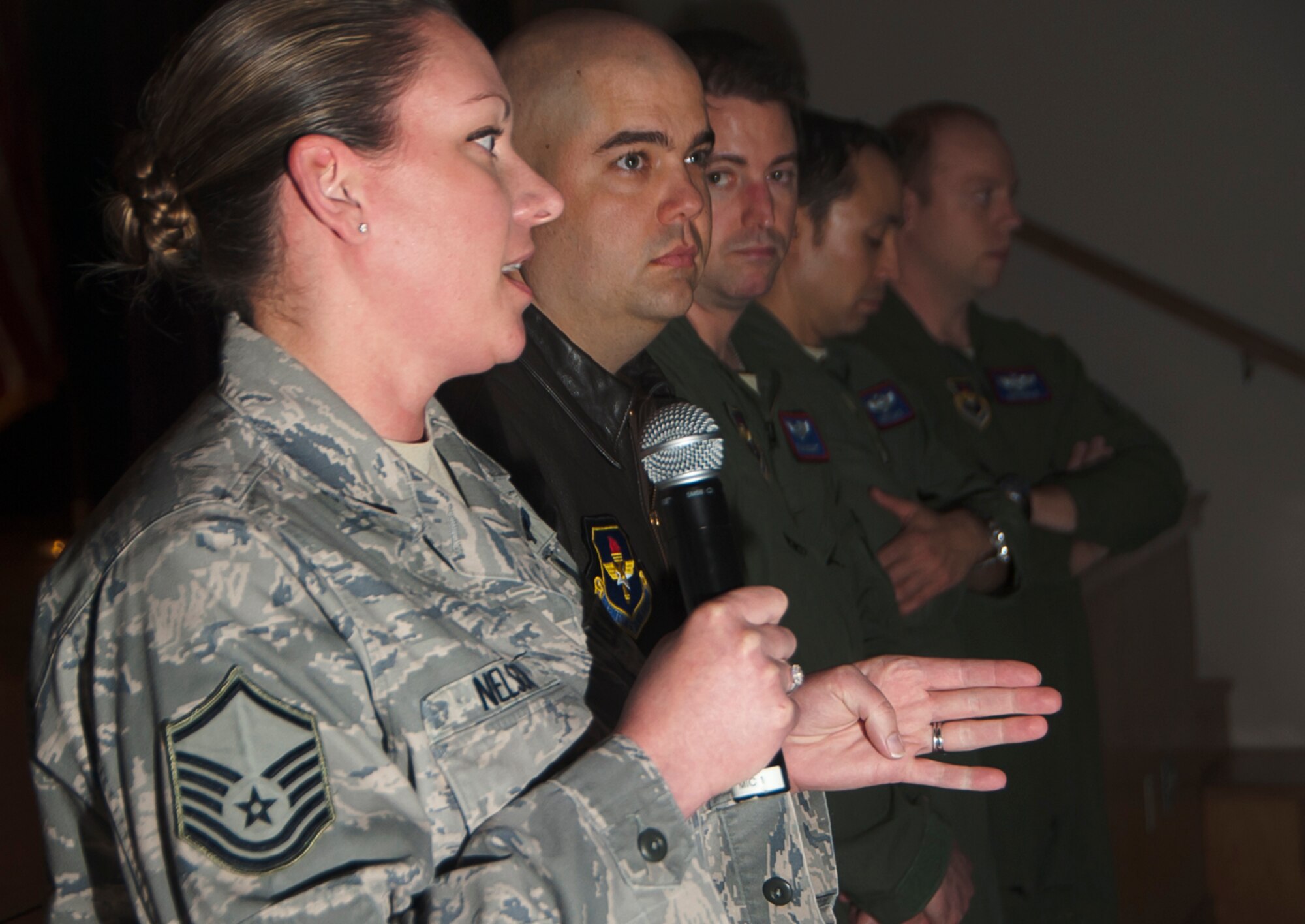 ALTUS AIR FORCE BASE, Okla. – Master Sgt. Anna Nelson, 97th Medical Group NCO in charge of education and training, speaks as a part of a panel during the preview of National Geographic’s television series “Inside Combat Rescue” at the base theater Feb. 12. “Inside Combat Rescue” centers on service members assigned to air rescue units and their selfless displays of heroism. Nelson spoke about six years of experience with aeromedical evacuation. (U.S. Air Force photo by Airman 1st Class Levin Boland / Released) 