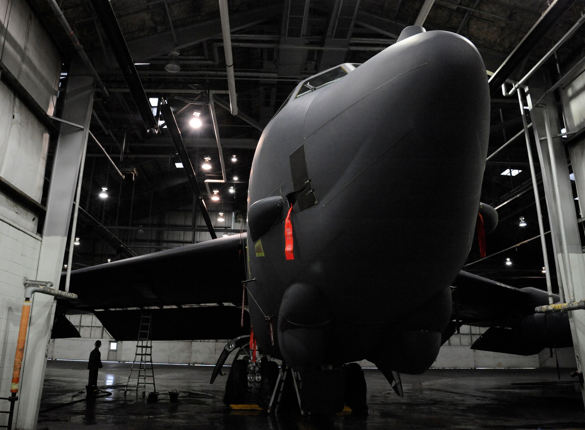 A B-52H Stratofortress sits in the corrosion control facility for cleaning prior to a corrosion inspection on Barksdale Air Force Base, La., Feb. 12. Corrosion may cause many problems for an aircraft. While components and parts can be replaced and upgraded, if the airframe itself is damaged the jet can be rendered unserviceable. (U.S. Air Force photo/Airman 1st Class Andrew Moua)