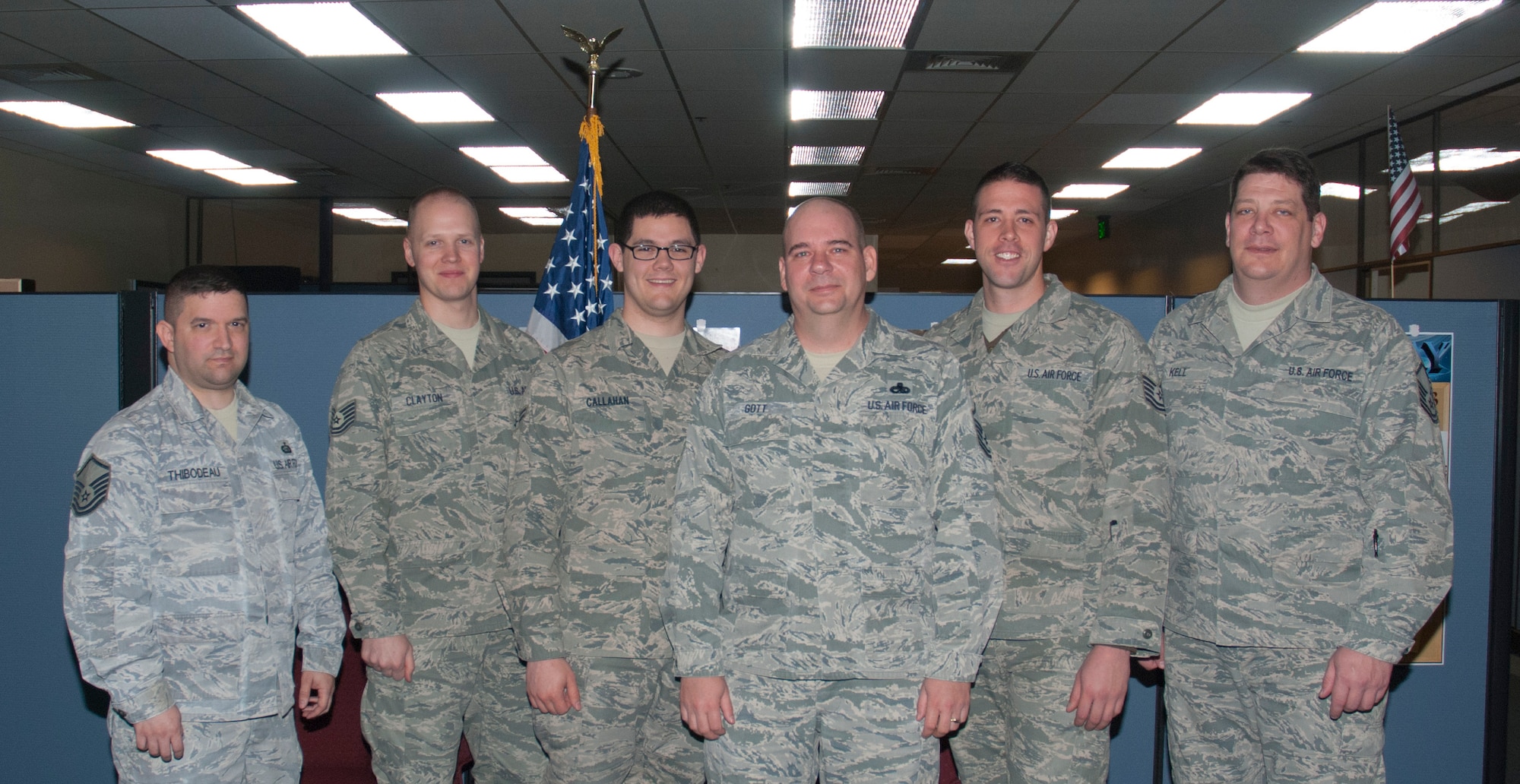 Members of the 367th Training Support Squadron at Hill Air Force Base, Utah, who were on the Interactive Media Outstanding Achievement Award winning team (left to right): Master Sgt. Michael Thibodeau, Tech. Sgt. Jeremiah Clayton, Airman 1st Class Daniel Callahan, Master Sgt. Christian Gott, Tech. Sgt. Joshua Grover and Master Sgt. Jeremy Kell.  The team won the award for their design of an interactive distance-learning website for the unit. (U.S. Air Force courtesy photo)