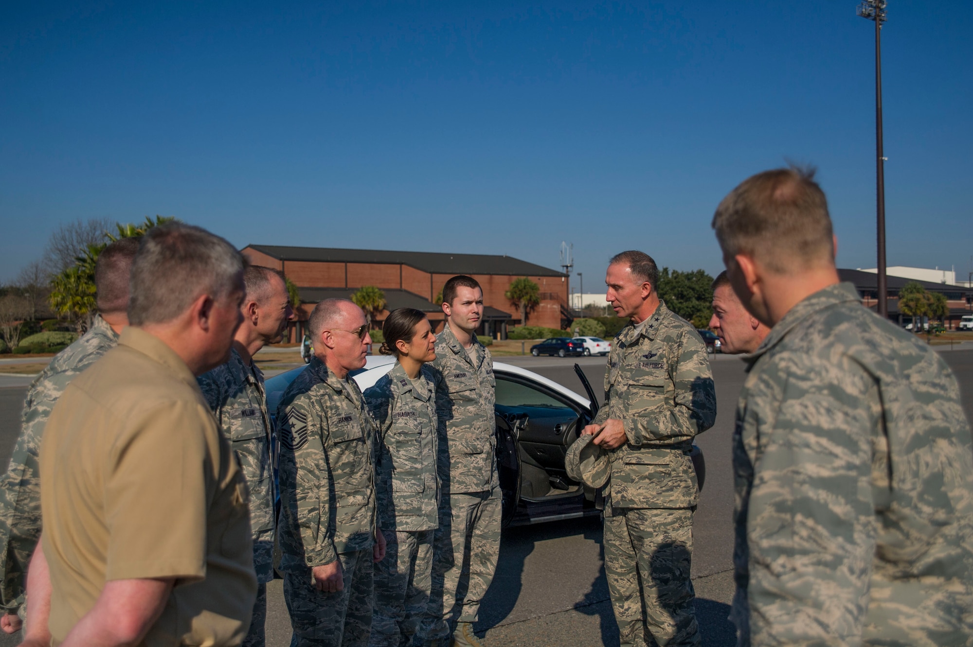 Maj. Gen. William J. Bender, U.S. Air Force Expeditionary Center commander, Joint Base McGuire-Dix-Lakehurst, N.J., talks with members of Joint Base Charleston during a visit Feb. 6, 2013 at JB Charleston - Air Base, S.C. General Bender was visiting JB Charleston as one of several site visits to see the missions and units aligned under the Expeditionary Center administratively. The EC provides administrative control for six wings and two groups within Air Mobility Command, to include the 628th Air Base Wing at Joint Base Charleston, S.C. (U.S. Air Force photo/ Senior Airman George Goslin)