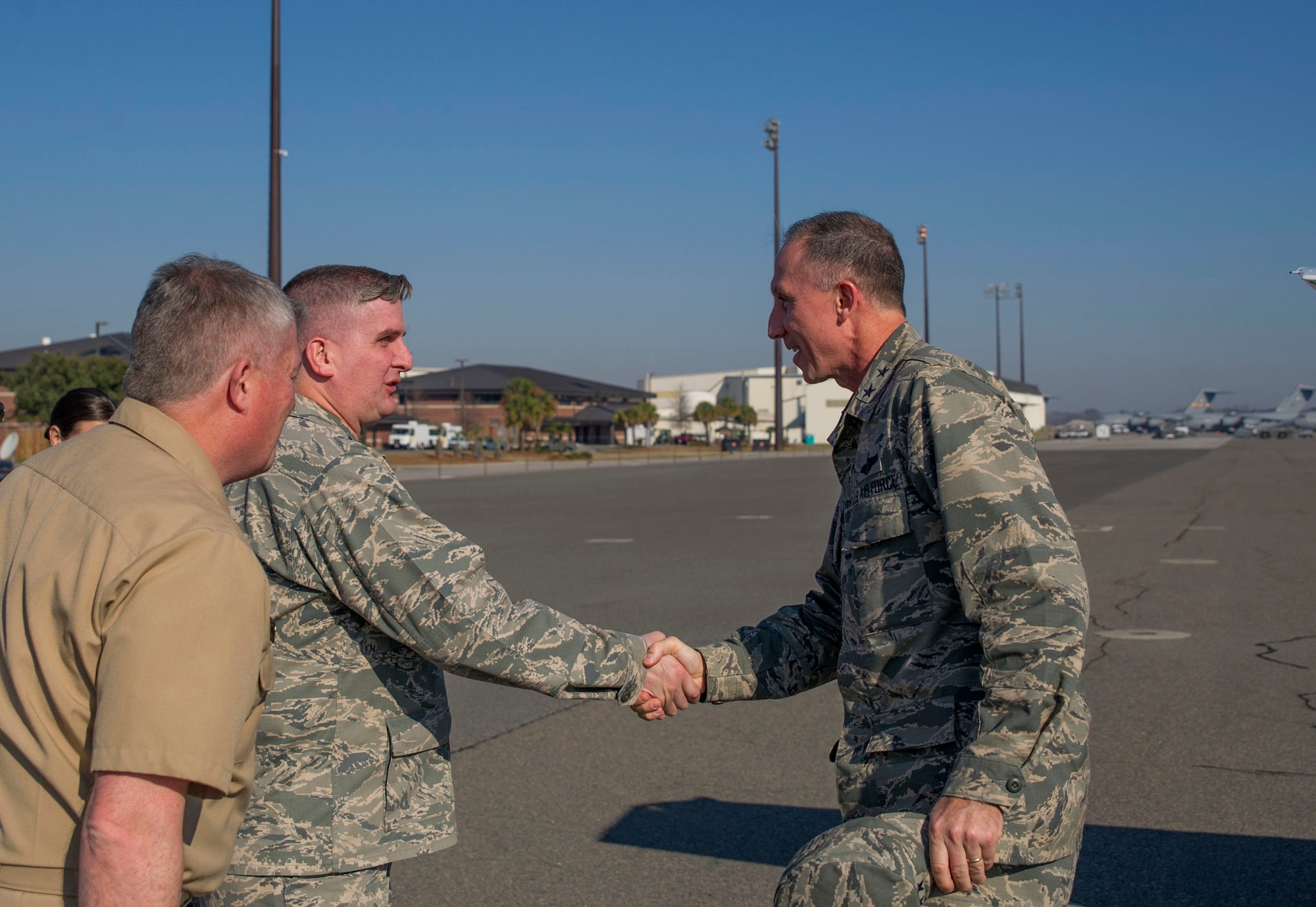 Maj. Gen. William J. Bender, U.S. Air Force Expeditionary Center commander, Joint Base McGuire-Dix-Lakehurst, N.J., greets Col. Al Miller, 437th Airlift Wing vice commander, during a visit Feb. 6, 2013, at Joint Base Charleston - Air Base, S.C. General Bender was visiting JB Charleston as one of several site visits to see the missions and units aligned under the Expeditionary Center administratively. The EC provides administrative control for six wings and two groups within Air Mobility Command, to include the 628th Air Base Wing at Joint Base Charleston, S.C. (U.S. Air Force photo/ Senior Airman George Goslin)