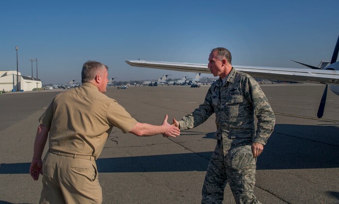 Maj. Gen. William J. Bender, U.S. Air Force Expeditionary Center commander, Joint Base McGuire-Dix-Lakehurst, N.J., greets Capt. Thomas Bailey, Joint Base Charleston deputy commander, during a visit Feb. 6, 2013, at JB Charleston - Air Base, S.C. General Bender was visiting JB Charleston as one of several site visits to see the missions and units aligned under the Expeditionary Center administratively. The EC provides administrative control for six wings and two groups within Air Mobility Command, to include the 628th Air Base Wing at Joint Base Charleston, S.C. (U.S. Air Force photo/ Senior Airman George Goslin)