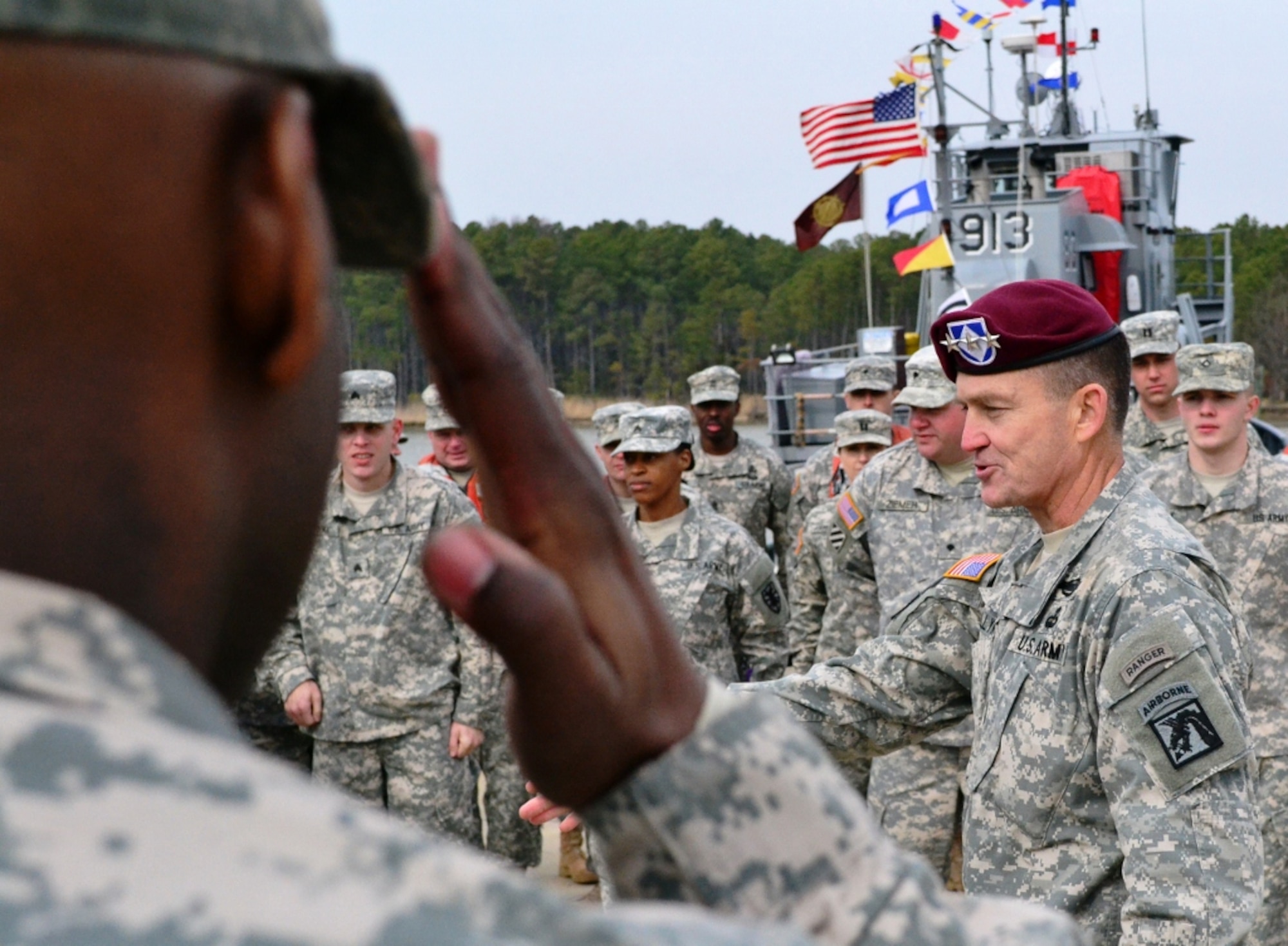 U.S. Army Lt. Gen. Daniel B. Allyn, commander of XVIII Airborne Corps, speaks with Soldiers from 10th and 11th Transportation Battalions, 7th Sustainment Brigade, during a visit to Fort Eustis, Va., Feb. 7, 2013. Allyn visited the brigade, toured facilities and met with “Resolute Warriors” to get an up-close view of the unit's unique capabilities and mission. (U.S. Army photo by Sgt. Edwin Rodriguez/Released)