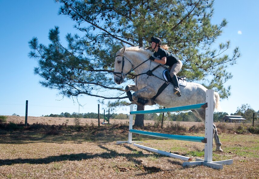 U.S. Air Force Staff Sgt. Stacey Chastain, 23d Wing Judge Advocate military justice paralegal, jumps over a fence outside a stable in Valdosta, Ga., Feb. 3, 2013. Although Chastain regularly competes in national and international competitions, she still occasionally takes lessons to sharpen her skills. (U.S. Air Force photo by Senior Airman Jarrod Grammel/Released)

