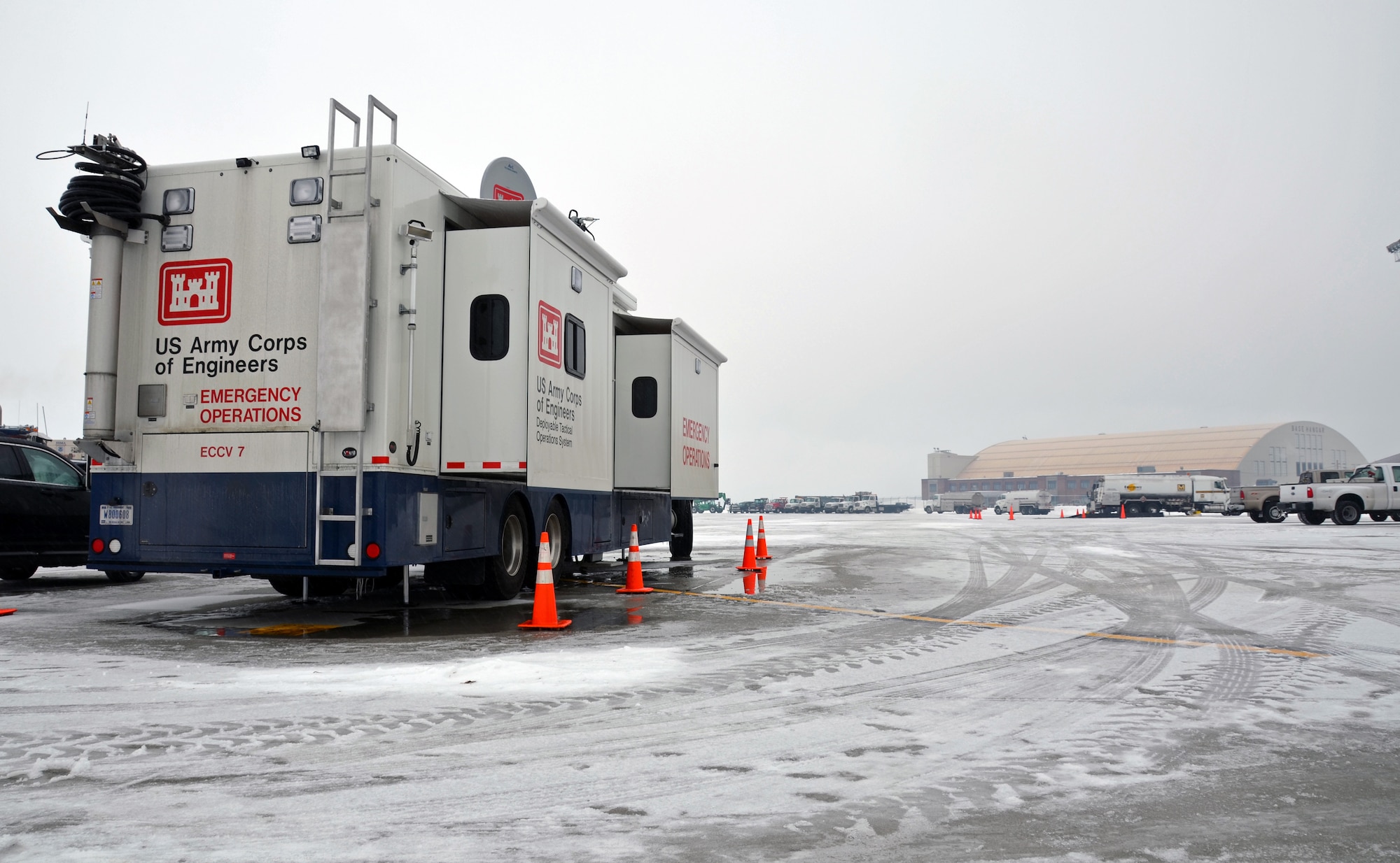 A seven-person Federal Emergency Management Agency and a 32-member team from the Army Corps of Engineers arrived here Sunday, Feb. 10,  preparing to deliver 20 emergency generators across New England. (U.S. Air Force photo/SrA. Kelly Galloway)