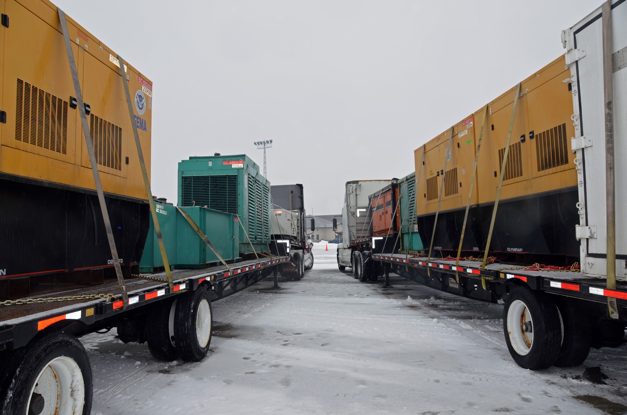 A seven-person Federal Emergency Management Agency and a 32-member team from the Army Corps of Engineers arrived here Sunday, Feb. 10,  preparing to deliver 20 emergency generators across New England. (U.S. Air Force photo/SrA. Kelly Galloway)
