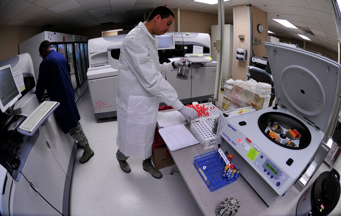 Airman 1st Class Jacob Fonseca, and Jeremiah Daughterly, 779th Medical Group medical laboratory Phase II students, prepare and run chemistry tests on a patient’s blood sample on Jan. 31, 2013 at Joint Base Andrews, Md.  These tests are used to detect a wide range of medical conditions and improper organ functions. (U.S. Air Force photo/Airman 1st Class Erin O’Shea) 