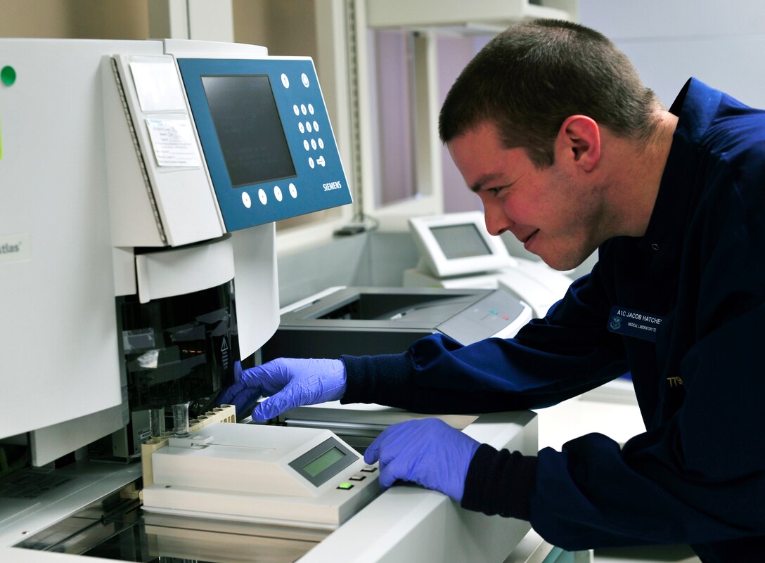 Airman 1st Class Jacob Hatcher, 779th Medical Group medical laboratory technician, performs an automated urinalysis test on Jan. 31, 2013 at Joint Base Andrews, Md. The urinalysis test is used to detect and diagnose urinary tract infections. (U.S. Air Force photo/Airman 1st Class Erin O’Shea)                  