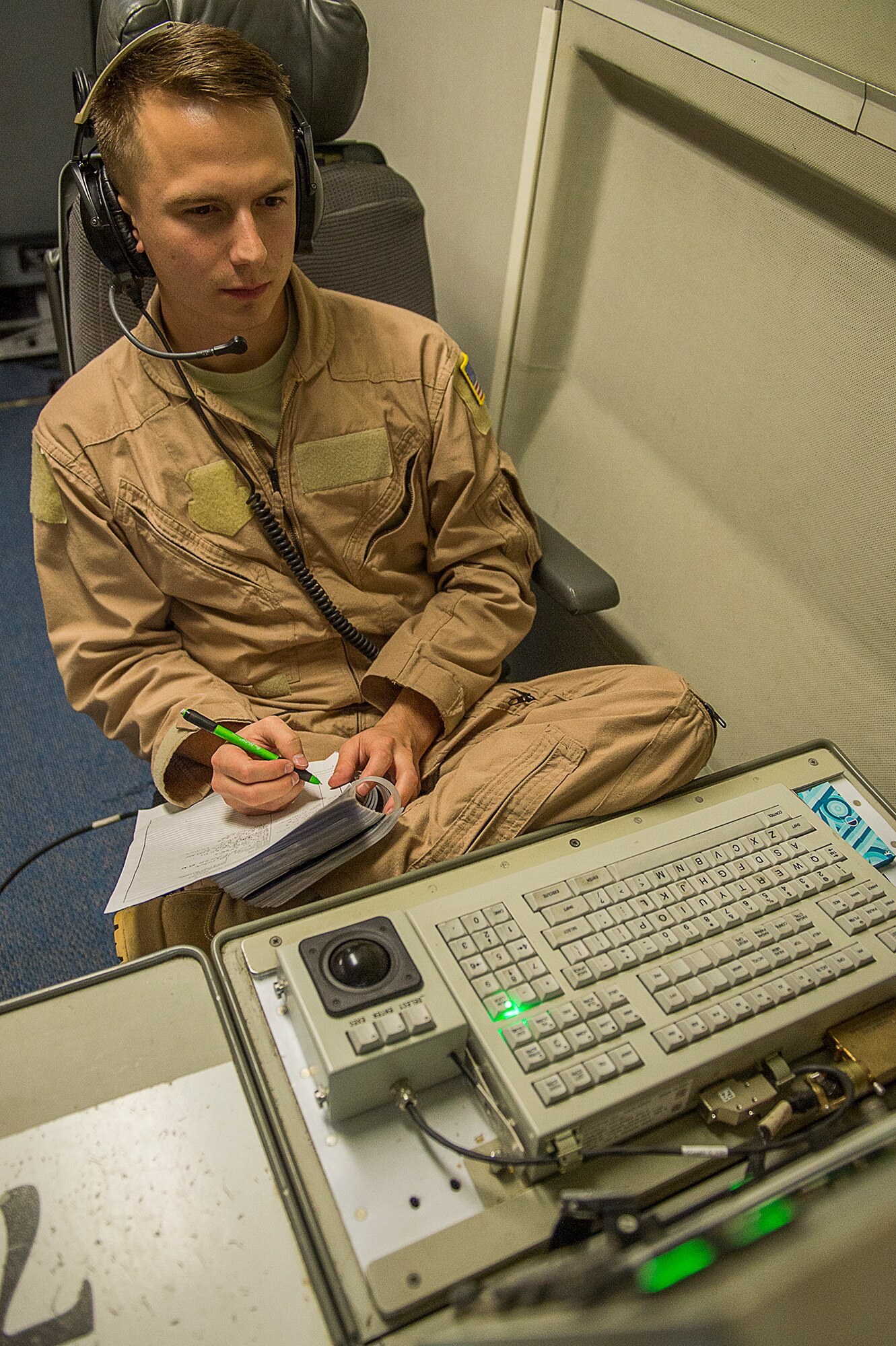 U.S. Air Force Airman Brian White, airborne radar technician for the E-3 Sentry, Airborne Warning and Control System, from the 963rd Expeditionary Airborne Air Control Squadron, accomplish a combat support mission over an undisclosed location, Southwest Asia, Jan. 30, 2013. The E-3 Sentry is an aircraft with an integrated command and control battle management, or C2BM, surveillance, target detection, and tracking platform. Hollis, Fults, and Plaisance are from the 964th Airborne Air Control Squadron which is part of the 552d Air Control Wing at Tinker Air Force Base, Oklahoma. (U.S. Air Force photo/Tech. Sgt. Dennis J. Henry Jr.)