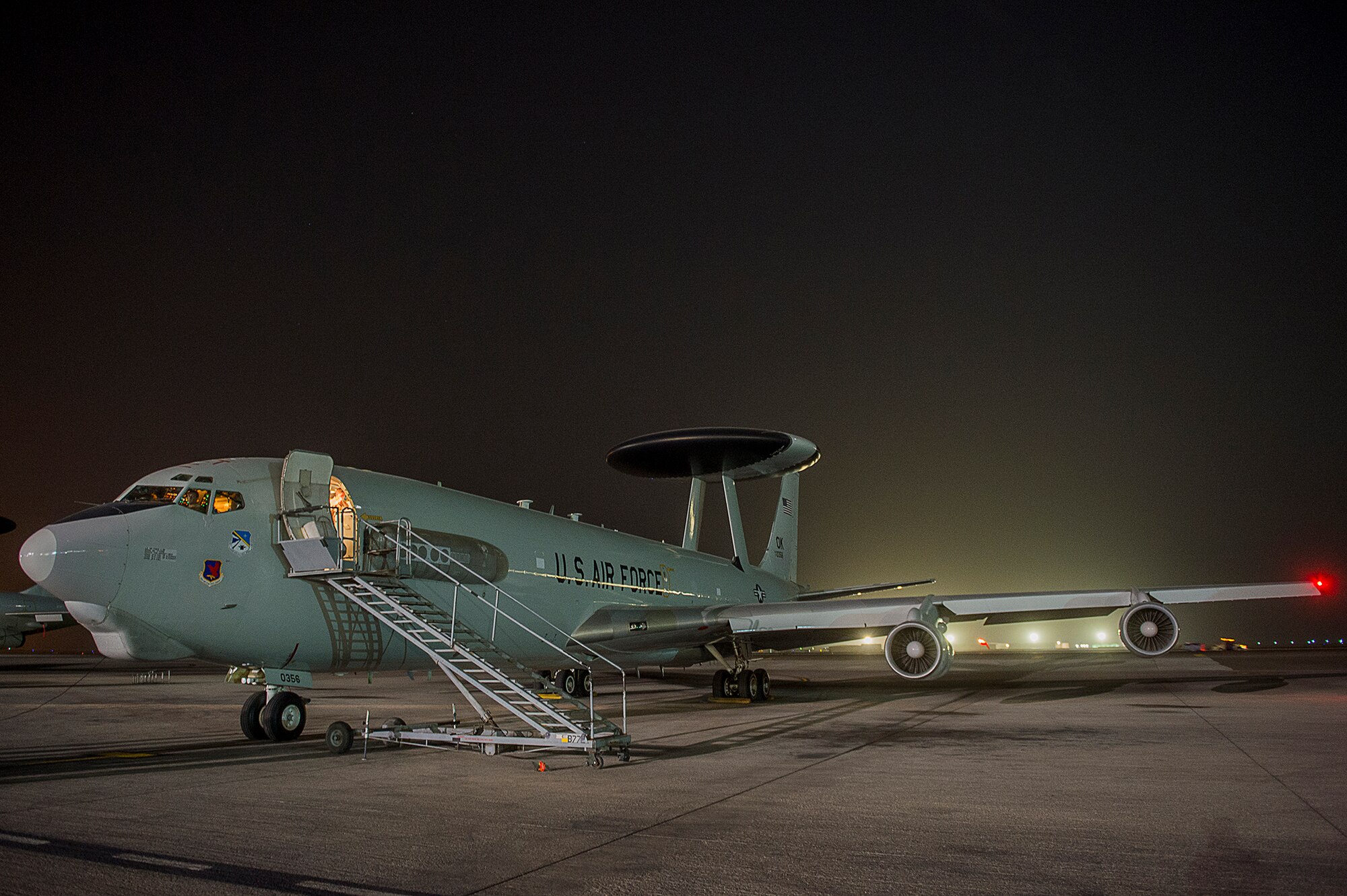 A U.S. Air Force E-3 Sentry, Airborne Warning and Control System, is parked on a flightline in an undisclosed location, Southwest Asia, Jan. 30, 2013. The E-3 Sentry is an aircraft with an integrated command and control battle management, or C2BM, surveillance, target detection, and tracking platform. (U.S. Air Force photo/Tech. Sgt. Dennis J. Henry Jr.)