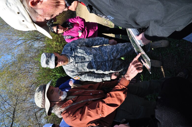 Kris Ohlenkamp, SFVAS conservation chair, suggests possible revegetation options in the Sepulveda Basin vegetation management area to Col. Mark Toy, Los Angeles District commander, during a nature walk in the basin Feb. 12.  (USACE photo by Jay Field)