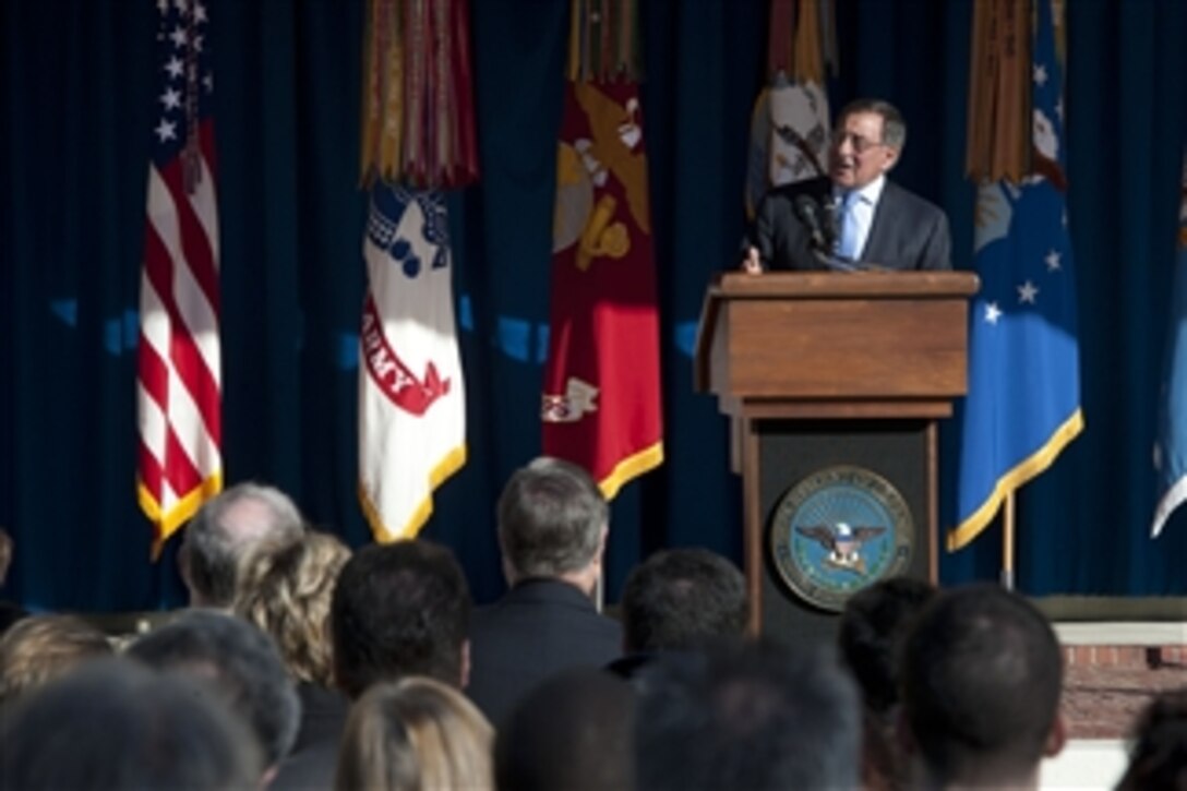 Secretary of Defense Leon E. Panetta address members of the Pentagon community at a farewell ceremony in the Center Courtyard of the Pentagon on Feb. 12, 2013.  Panetta told the audience of service members, DoD civilian employees and contractors that their “great work” and dedication keeps America safe.  