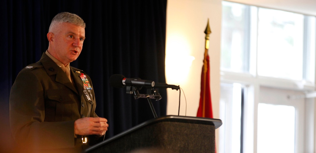 Col. Darrell Thacker, deputy commander for Marine Corps Installations East – Marine Corps Base Camp Lejeune, speaks on some of the current events and upcoming changes for MCB Camp Lejeune during the 18th Annual State of the Community Breakfast aboard Marine Corps air Station New River Feb. 12. Thacker spoke on behalf of the base’s leadership and explained what the military’s budget cuts may mean for the installations as well as the community.