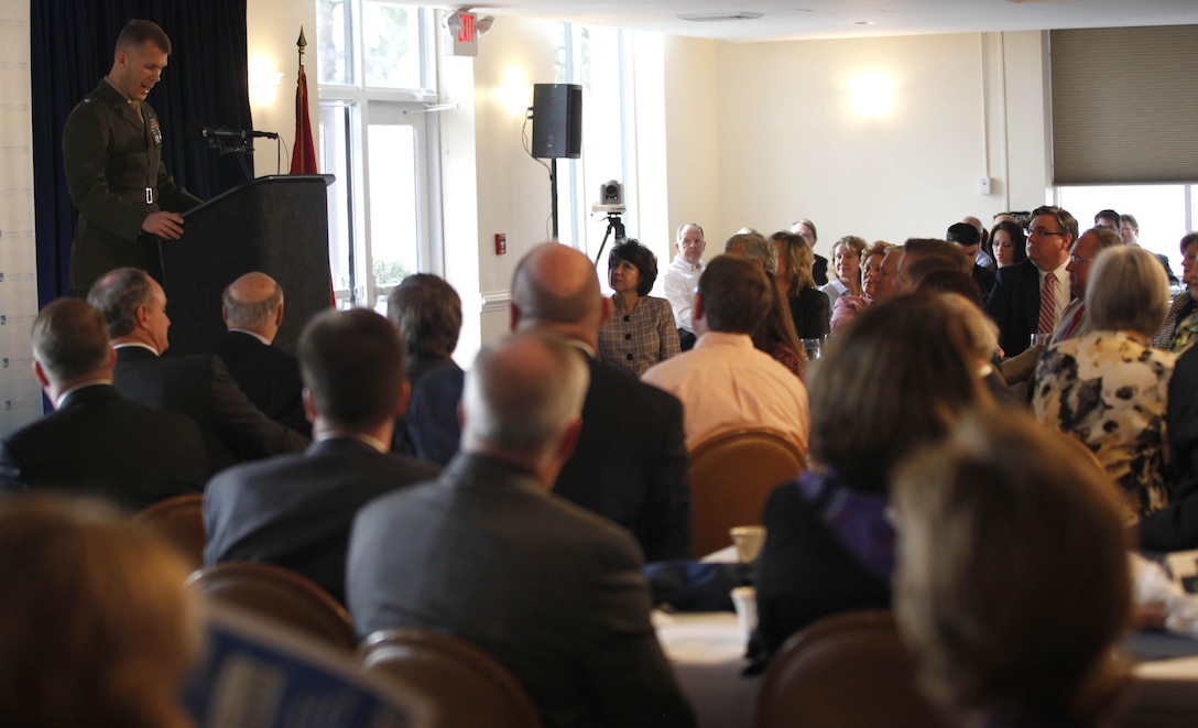 Lt. Col. Stephen Pierson, executive officer of Marine Corps Air Station New River, gives his opening remarks at the 18th Annual State of the Community Breakfast aboard MCAS New River Feb. 12. The breakfast featured speakers from different sections in the community, including the Onslow County Schools superintendent, Coastal Carolina Community College’s president, and the Mayor of Jacksonville. They spoke on some of the new happenings and challenges each sector will face during 2013.