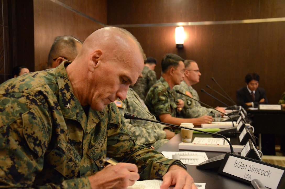 U.S. Marine Corp Brig. Gen. Richard L. Simcock, II  U.S. Pacific Command-designated executive agent senior representative for Cobra Gold 2013 and the deputy commander of U. S. Marine Corps Forces Pacific takes note during the Senior Leaders Seminar held on Feb 11-12  in Chiang Mai provice, Kingodm of Thailand during exercise Cobra Gold 2013. U.S. involvement in Cobra Gold 13 demonstrates commitment to building military-to-military
interoperability with participating nations and to supporting peace and stability in the region.  (U.S. Army photo by Sgt. Rory Featherston/Released)