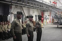 Lt. Col. Richard F. Neitzey, commanding officer Marine Heavy Helicopter Training Squadron 302 stands along side Sgt. Maj. Kenneth Redenmacher as well as Sgt. Major Johnny L. Higdon, during a relief and appointment ceremony, Feb. 8. 
