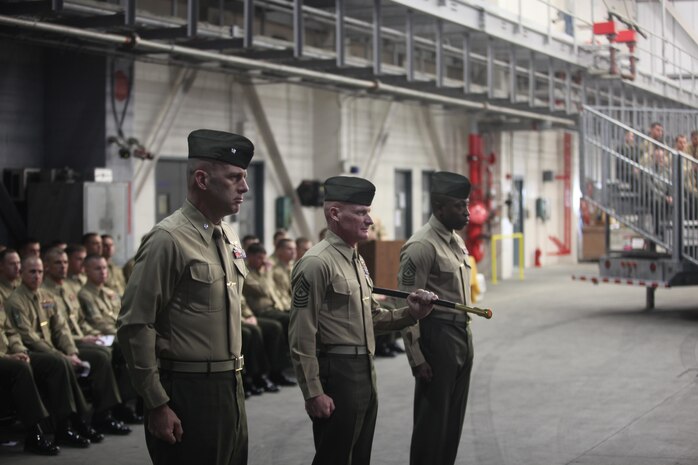 Lt. Col. Richard F. Neitzey, commanding officer Marine Heavy Helicopter Training Squadron 302 stands along side Sgt. Maj. Kenneth Redenmacher as well as Sgt. Major Johnny L. Higdon, during a relief and appointment ceremony, Feb. 8. 
