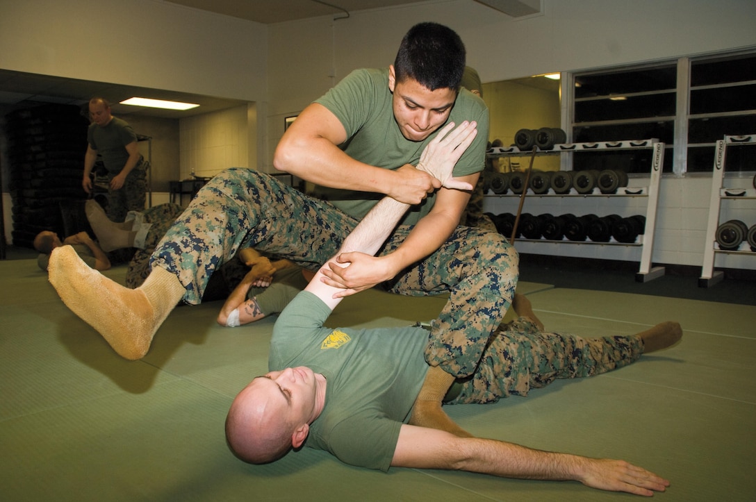 Marine Corps Martial Arts Program student Lance Cpl. Jacob H. Colvinperforms an arm bar from the mount move on Sgt. Dustin L. Williams during MCMAP training at the Headquarters Dojo, Monday.