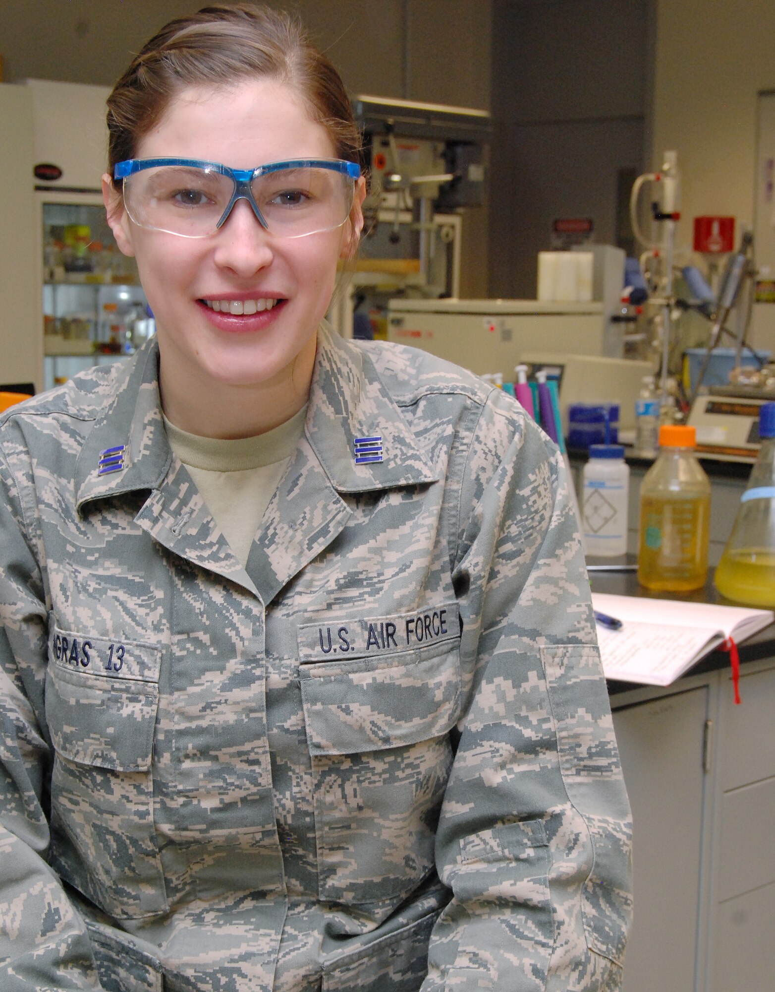 Cadet 1st Class Alexa Gingras has drawn interest from Air Force Chief Scientist Dr. Mark Maybury and from the Drug Enforcement Agency for her summer research project, which helped improve both drug test sensitivity and sample processing times for synthetic cannabinoids such as spice. Gingras is a biochemistry major and a native of Tucson, Ariz. (U.S. Air Force photo/Don Branum)