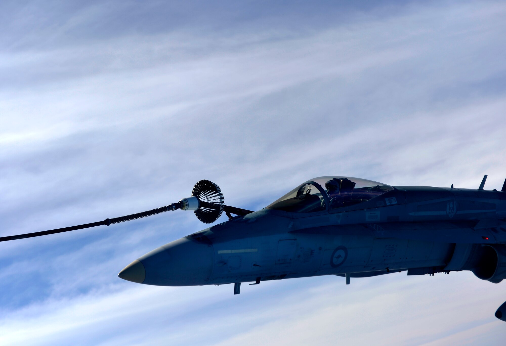A Royal Australian Air Force F/A-18 Hornet gets refueled from a KC-30A Multi Role Tanker Transport while participating in Cope North 13 near Anderson Air Force Base, Guam, Feb. 13, 2013. The F/A-18 Hornet is a multi-role fighter designed for both air-to-air and air-to-ground missions. Cope North is an annual air combat tactics, humanitarian assistance and disaster relief exercise designed to increase the readiness and interoperability of the U.S. Air Force, Japan Air Self-Defense Force and Royal Australian Air Force.. (U.S. Air Force photo by Senior Airman Matthew Bruch/Released)
