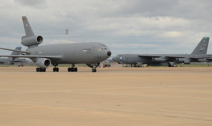 A KC-10 Extender taxis on the flightline on Barksdale Air Force Base, La., Feb. 13. The KC-10, assigned to Joint Base McGuire-Dix-Lakehurst, N.J., is here in support of the Denton Movement. The movement involved transporting 42,000 pounds of rice, donated by the Children's Lifeline Foundation, to Port au Prince, Haiti. (U.S. Air Force photo/Senior Airman Sean Martin)