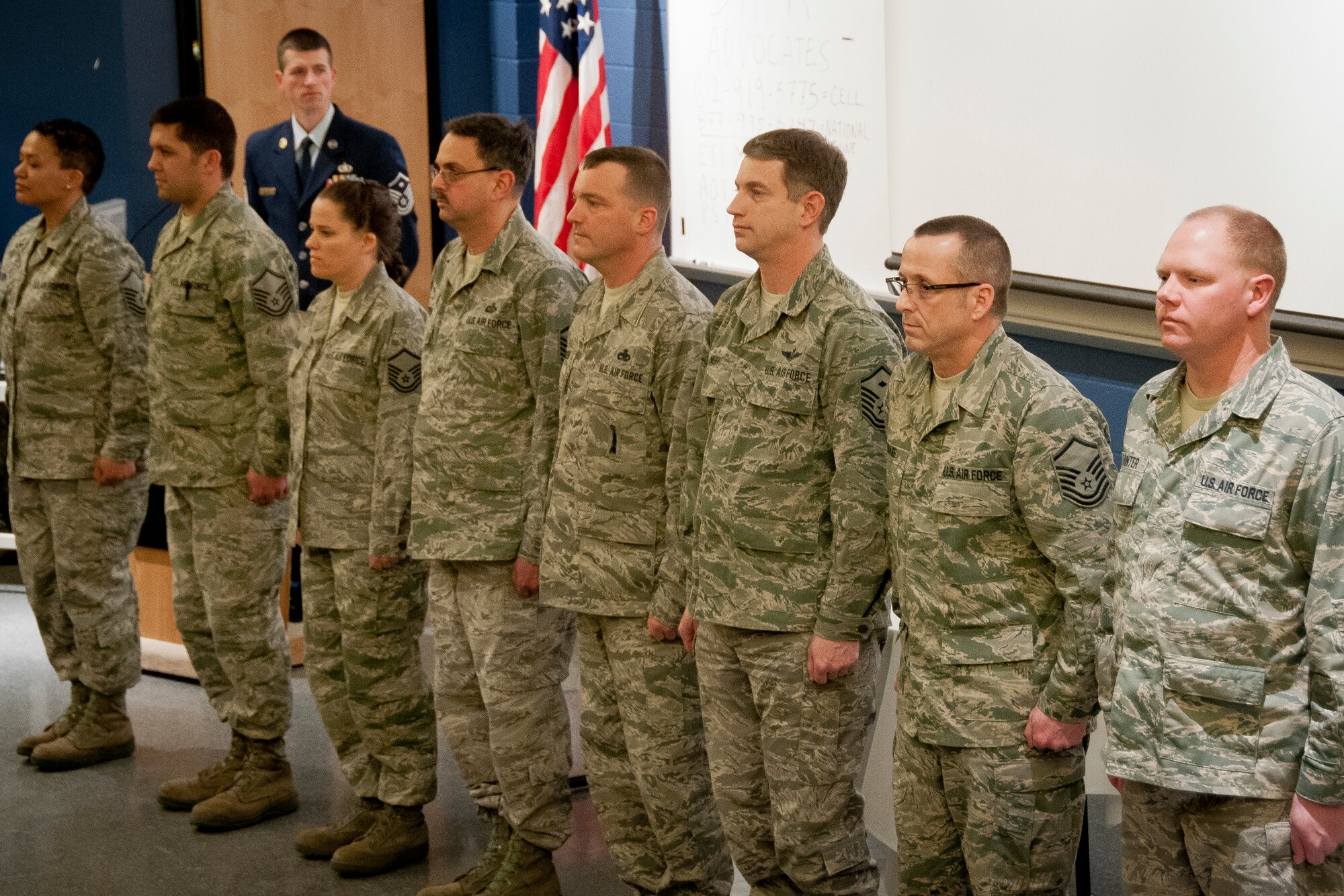 Master Sgts. Cassandra Carter, Chad Dauwalter, Christy Firm, Gregory Harper, Charles Keller, Terry Neff, Edward Savage and Stephen Tainter are recognized for their promotions to senior enlisted.  Staff Sergeants, Master Sergeants and Chief Master Sergeants from the 934th Airlift Wing were selected to be recognized in a ceremony based on rank milestones Feb. 9 at the Minneapolis-St. Paul Air Reserve Station, Minn.  (U.S. Air Force photo/Staff Sgt. Samantha Wagner)