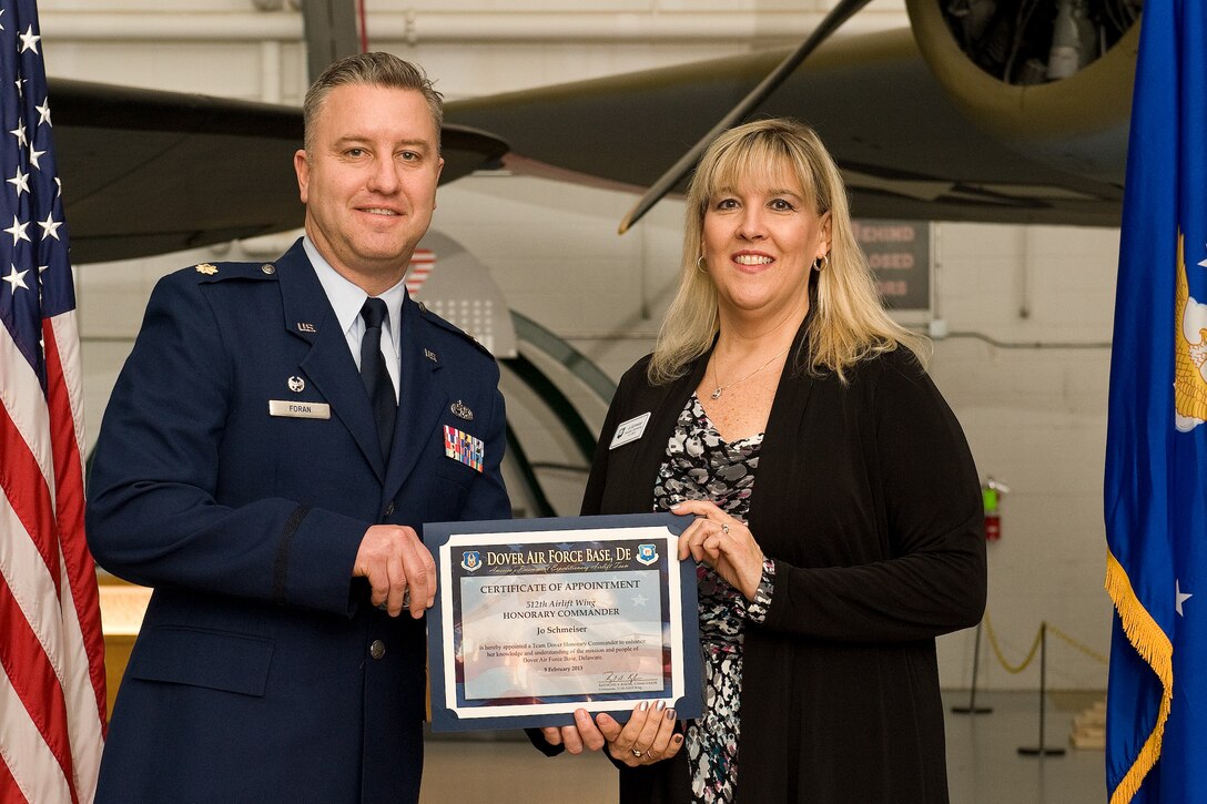 Team Dover inducted 46 honorary commanders during a ceremony and dinner Feb. 9 at the Air Mobility Command Museum, Dover, Del. The civic leaders range from elected officials and business owners to industry professionals and educators.  In addition to the 19 honorary commanders assigned to the 512th Airlift Wing, 24 are appointed to the 436th AW and one each is designated for the Joint Personal Effects Depot, Armed Forces Medical Examiner System and Air Force Mortuary Affairs Operations. (U.S. Air Force photo/Roland Balik)