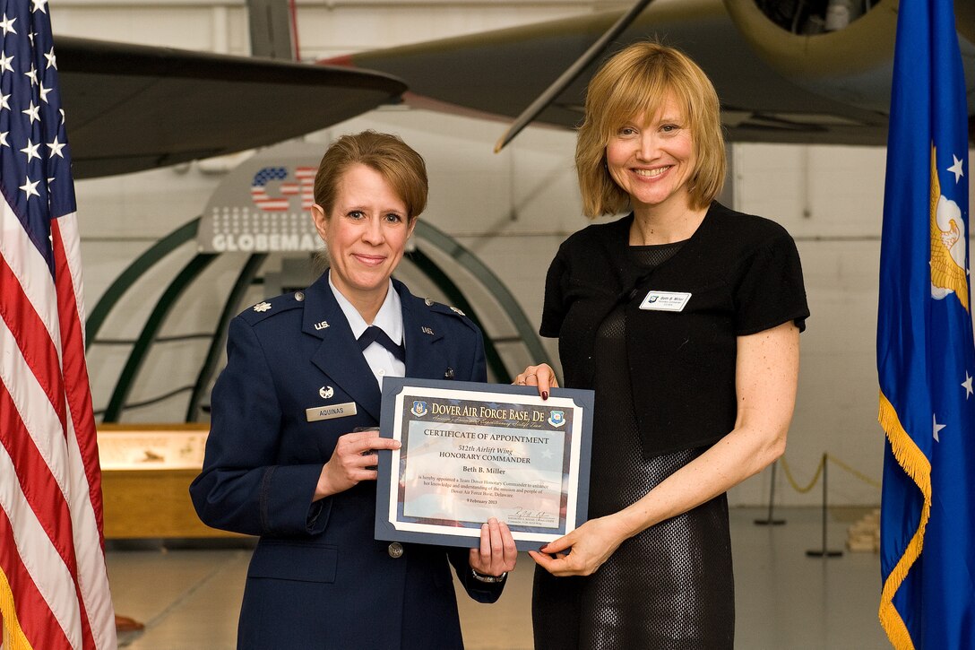 Team Dover inducted 46 honorary commanders during a ceremony and dinner Feb. 9 at the Air Mobility Command Museum, Dover, Del. The civic leaders range from elected officials and business owners to industry professionals and educators.  In addition to the 19 honorary commanders assigned to the 512th Airlift Wing, 24 are appointed to the 436th AW and one each is designated for the Joint Personal Effects Depot, Armed Forces Medical Examiner System and Air Force Mortuary Affairs Operations. (U.S. Air Force photo/Roland Balik)