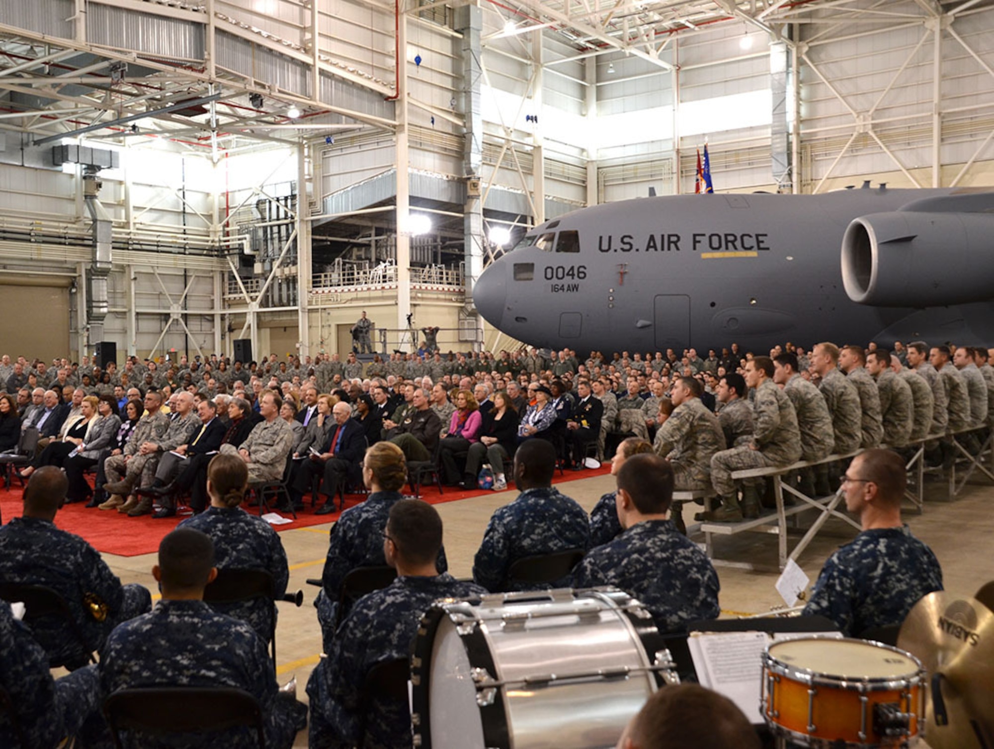Tennessee National Guard, federal, state and local leadership, 164th Airlift Wing airmen and community members gather at the Memphis Air National Guard Base for the dedication ceremony of the first C-17 Globemaster aircraft delivered to the unit. (U.S. Air Force photo/Tech.Sgt. Robin Olsen)




