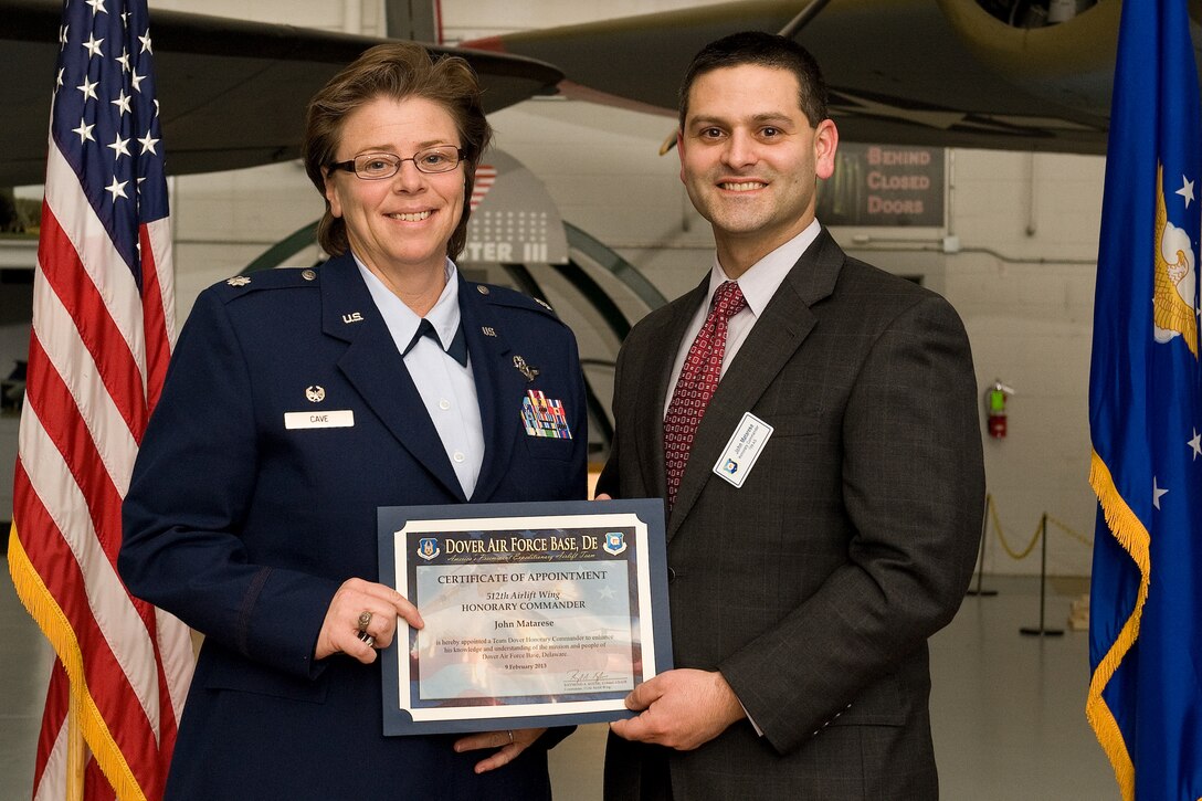 Team Dover inducted 46 honorary commanders during a ceremony and dinner Feb. 9 at the Air Mobility Command Museum, Dover, Del. The civic leaders range from elected officials and business owners to industry professionals and educators.  In addition to the 19 honorary commanders assigned to the 512th Airlift Wing, 24 are appointed to the 436th AW and one each is designated for the Joint Personal Effects Depot, Armed Forces Medical Examiner System and Air Force Mortuary Affairs Operations. (U.S. Air Force photo/Roland Balik)