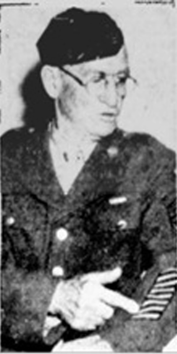 U.S. Army Air Forces Master Sgt. John W. Westervelt points to his service stripes in this image taken from a 1945 news article that reported on Westervelt’s retirement from the Army at age 77. One of the oldest people to ever serve as a member of the modern U.S. military, Westervelt re-enlisted for the ninth and final time at what is now known as Selfridge Air National Guard Base, Mich., on Aug. 9, 1941, about four months before the U.S. entered World War II.