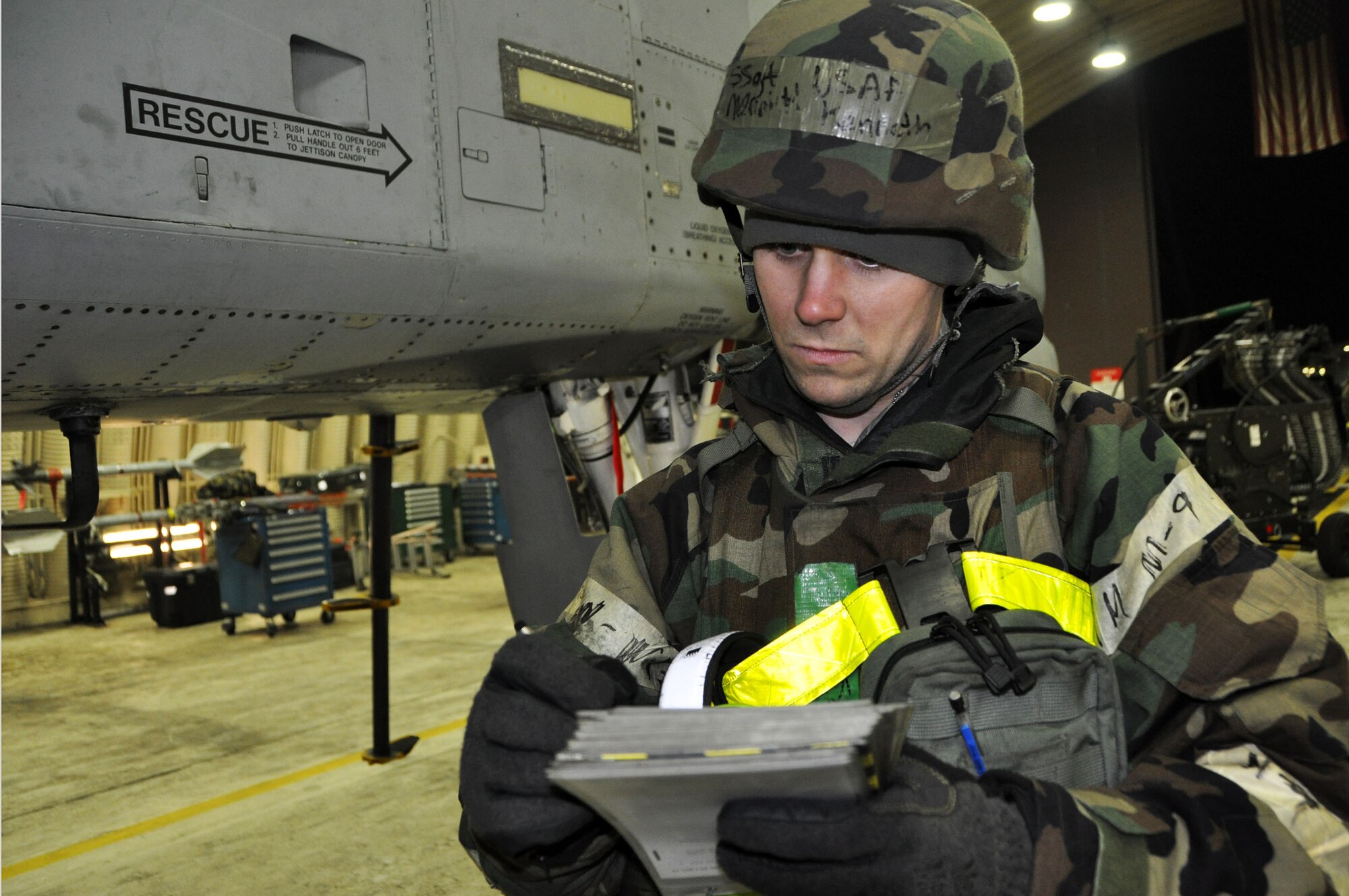 Staff Sgt. Kenneth Merritt, 51st Maintenance Operations Squadron lead crew chief, goes over a checklist to ensure that munitions for an A-10 Thunderbolt II are secured properly during operational readiness exercise Beverly Bulldog 13-02 Feb. 13, 2013 at Osan Air Base, Republic of Korea. Beverly Bulldog 13-02 is the second ORE of the year, providing Osan Airmen a chance to highlight their their ability to position, employ and sustain forces, and showcase operational readiness.