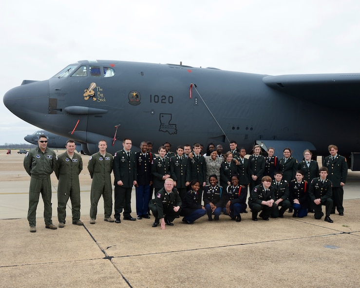Junior Reserve Officer Training Corps cadets from North Desoto High School, La., pose with B-52H Stratofortress aircrew members during a base tour on Barksdale Air Force Base, La., Feb. 8. The Barksdale Community Relations program regularly hosts base tours to educate interested groups on the mission and history of the base. (U.S. Air Force photo/Staff Sgt. Chad Warren)