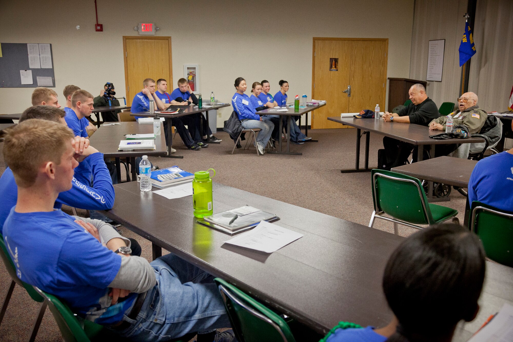 Tuskeegee Airman Lt. Col. (Retired) Hiram Mann and guest lecturer Col. (R) Nathan Thomas speak with the 934th Development Training Flight at the Minneapolis-St. Paul Air Reserve Station, Minn.  (U.S. Air Force photo/Shannon McKay)