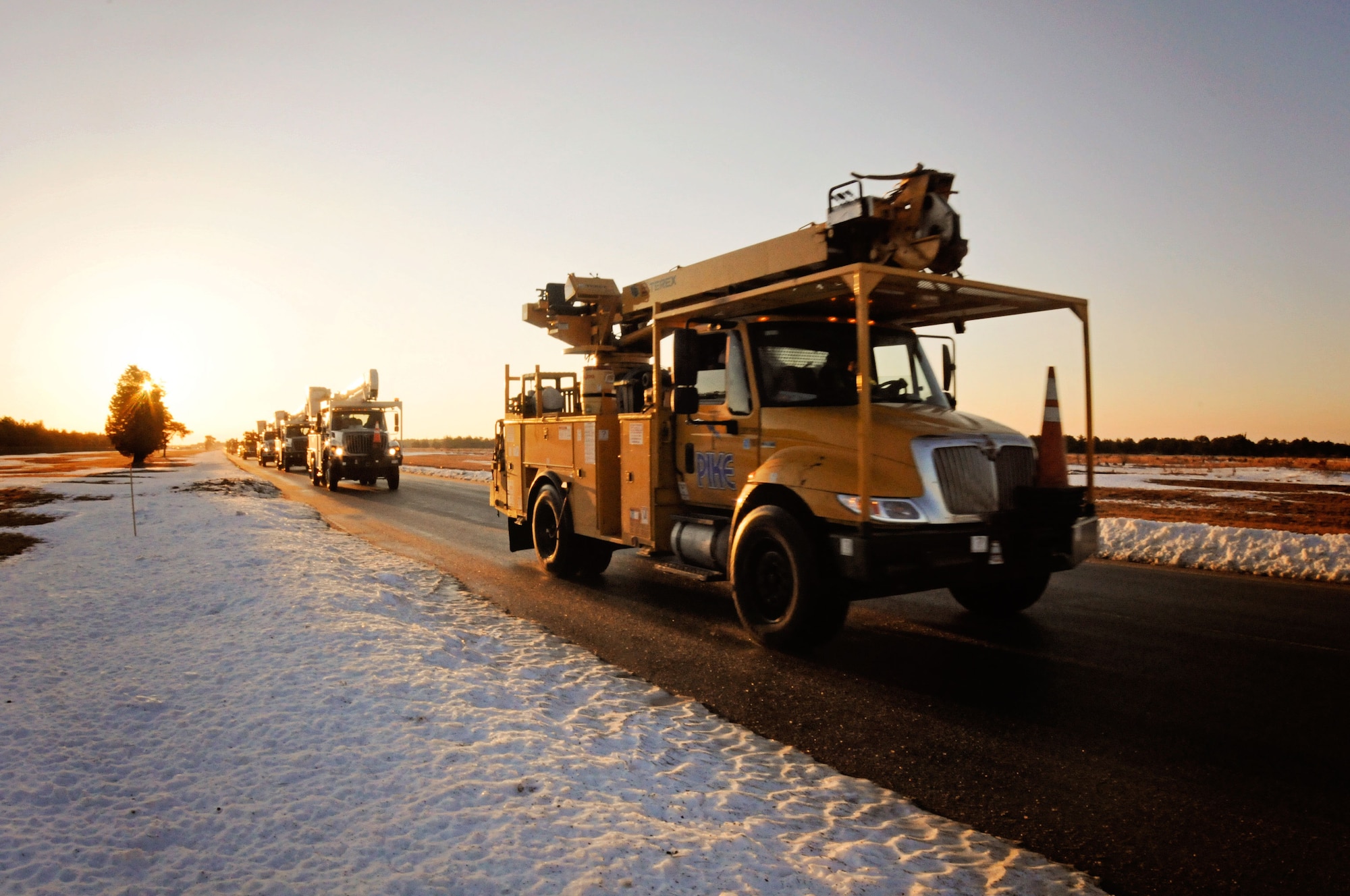 NStar Electric, a Northeastern utility company, is temporarily basing a large assembly of utility workers and vehicles here in order to more effectively restore electricity to the citizens of Cape Cod due to effects of the brutal winter storm that hit the area, 8-9 February.