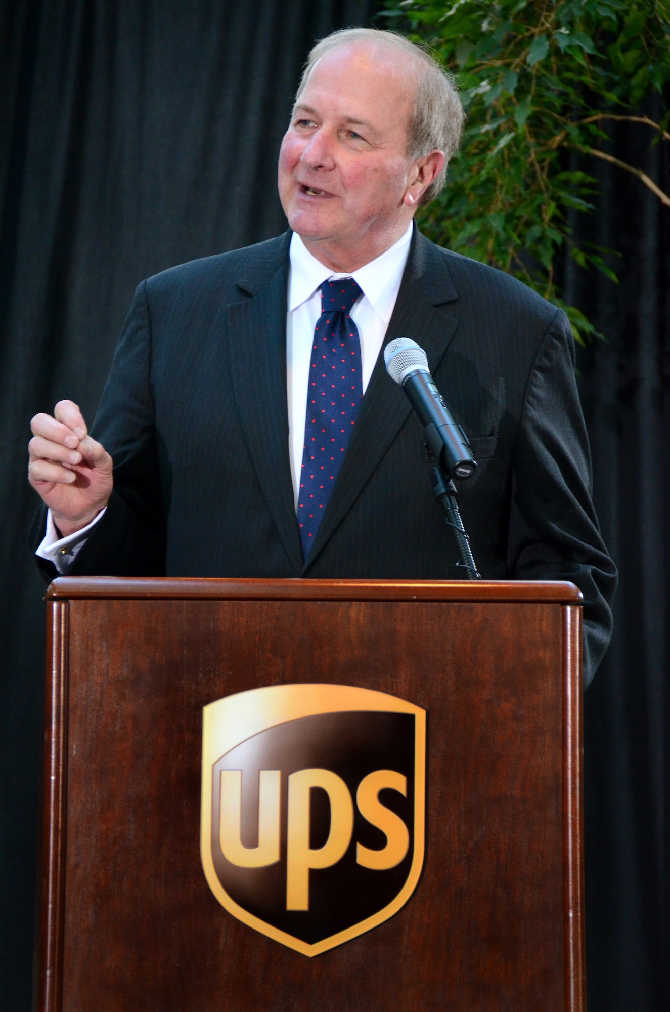 James Rebholz, Employer Support of the Guard and Reserve national chairman, speaks at the ceremony highlighting the statement of support from United Parcel Service for the ESGR at the UPS world headquarters, Atlanta, Ga., Feb. 12.  The signing ceremony represents the support UPS provides to the over 23,000 employees who have served or are now serving in the armed forces of the United States.  (U.S. Air Force photo/ Brad Fallin)