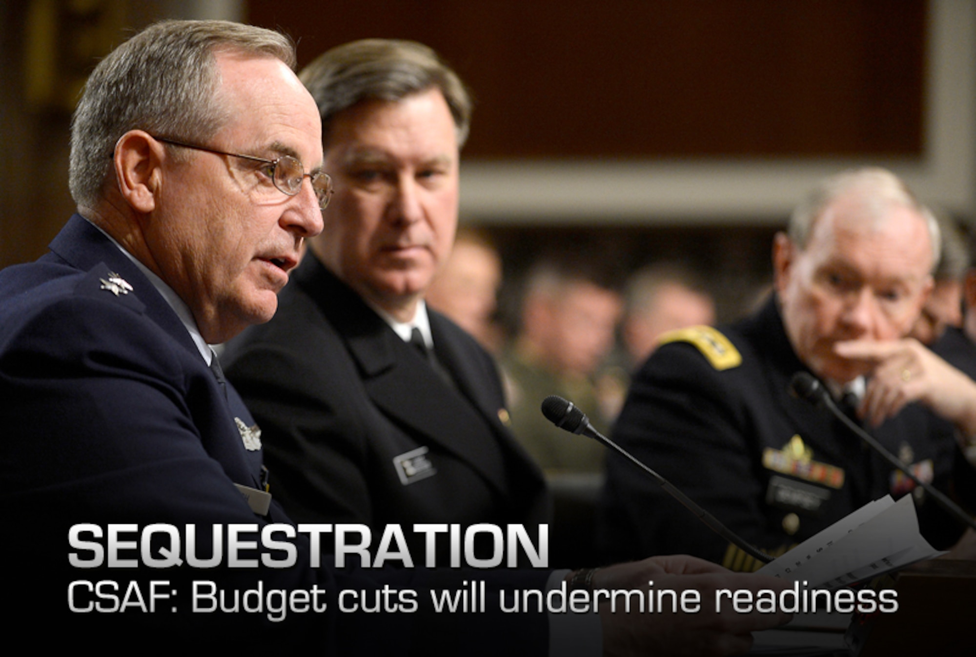 Chief of Staff Gen. Mark A. Welsh III testifies with a panel of Defense Department witnesses on Capitol Hill, Feb. 12, 2013, during a hearing before the Senate Armed Services Committee about the potential impact of sequestration and a full-year continuing resolution.  (U.S. Air Force photo/Scott M. Ash)