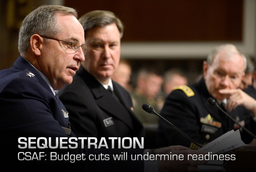 Chief of Staff Gen. Mark A. Welsh III testifies with a panel of Defense Department witnesses on Capitol Hill, Feb. 12, 2013, during a hearing before the Senate Armed Services Committee about the potential impact of sequestration and a full-year continuing resolution.  (U.S. Air Force photo/Scott M. Ash)