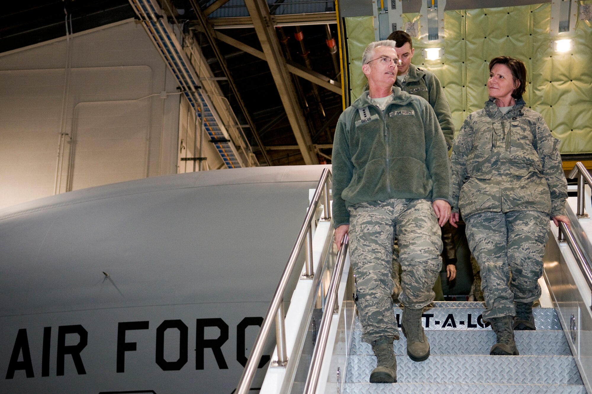 GRISSOM AIR RESERVE BASE, Ind. -- Gen. Paul Selva, Air Mobility Command commander, talks with Chief Master Sgt. Sandra Dye, 434th Aircraft Maintenance Squadron first sergeant, after touring one of Grissom's 16 KC-135R Stratotankers Feb. 5. Selva visited Grissom during a tour of AMC gained Air Force Reserve and Air National Guard units. (U.S. Air Force photo/Tech. Sgt. Mark R. W. Orders-Woempner)
