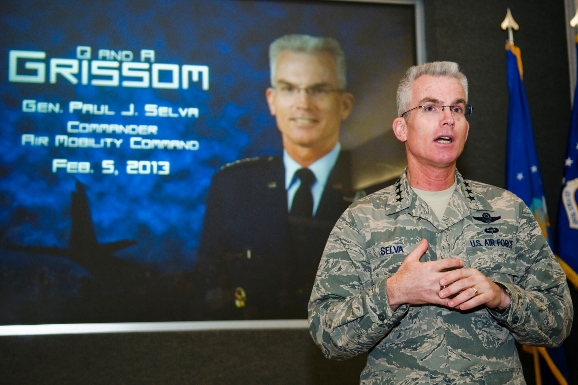 GRISSOM AIR RESERVE BASE, Ind. -- Gen. Paul Selva, Air Mobility Command commander, talks with Grissom Airmen during a town hall meeting Feb. 5. Selva said he was proud of Grissom's global impact and that the base has a good reputation throughout the Air Force. (U.S. Air Force photo/Tech. Sgt. Mark R. W. Orders-Woempner)
