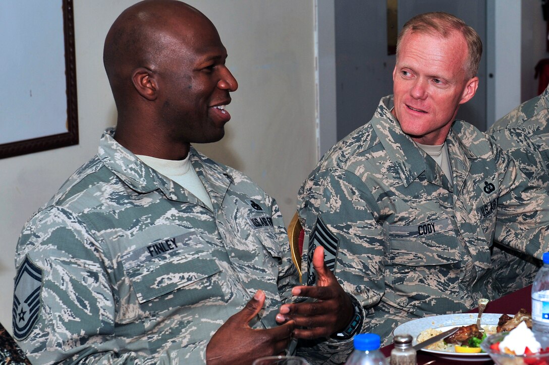 SOUTHWEST ASIA -- Chief Master Sgt. of the Air Force James Cody talks with Senior Master Sgt. Jeffery Finley, 380th Expeditionary Maintenance Squadron armament flight chief, during a dinner with Airmen Feb. 7, 2013. Cody and Air Force Chief of Staff Gen. Mark A. Welsh III visited the 380th Air Expeditionary Wing during a multi-base tour to meet with Airmen who are deployed throughout the U.S. Central Command area of responsibility. (U.S. Air Force photo/Tech. Sgt. Christina M. Styer)