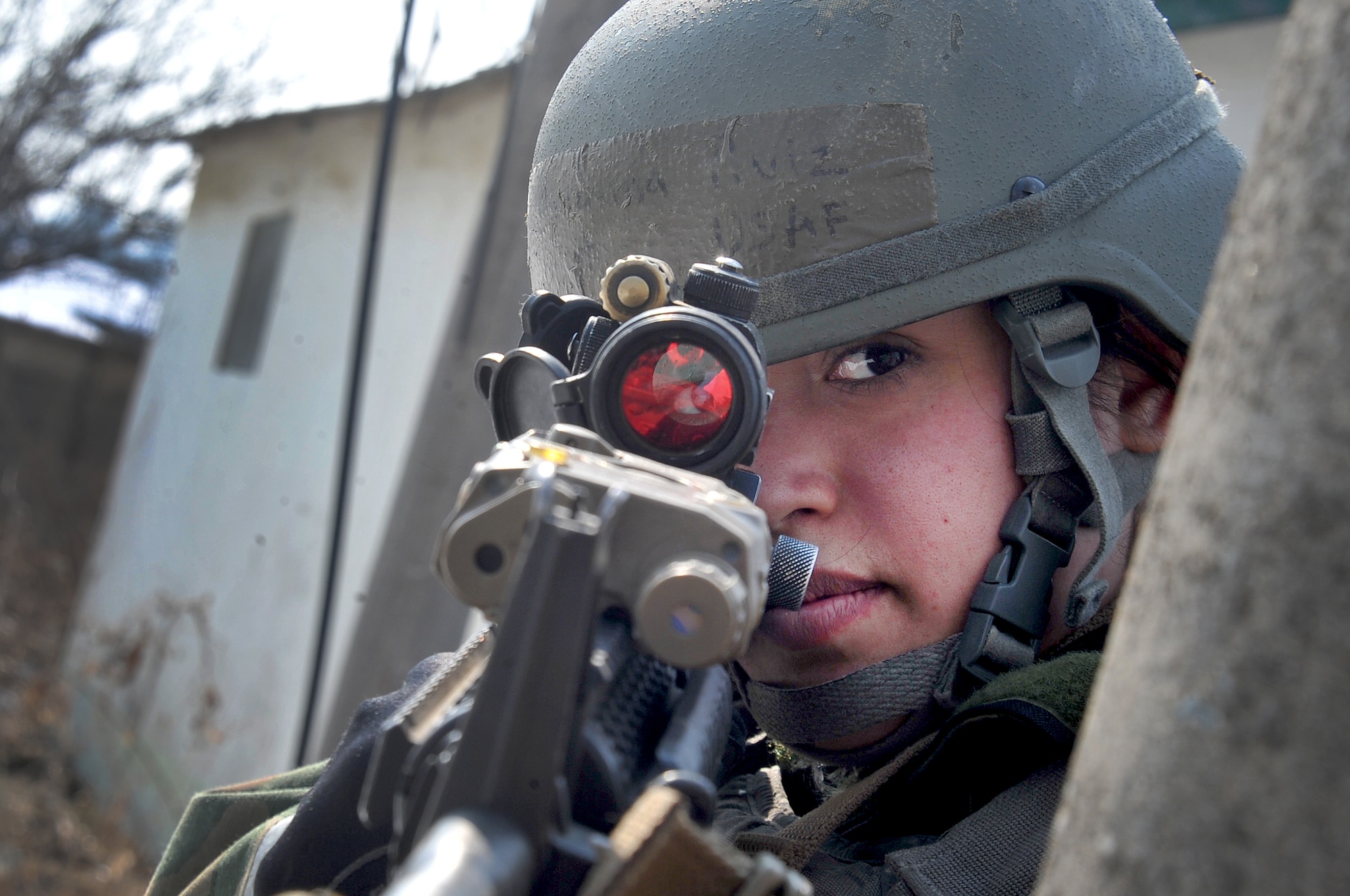 Staff Sgt. Arianna Ruiz, 51st Security Forces member, secures her environment for fellow security forces members during a counter surveillance scenario for an operation readiness exercise, Beverly Bulldog 13-02, at Osan Air Base, Republic of Korea, Feb. 12, 2013. Nearly all Osan Airmen will perform 24-hour operations during the week-long exercise to stay combat ready. (U.S. Air Force photo/Staff Sgt. Sara Csurilla)